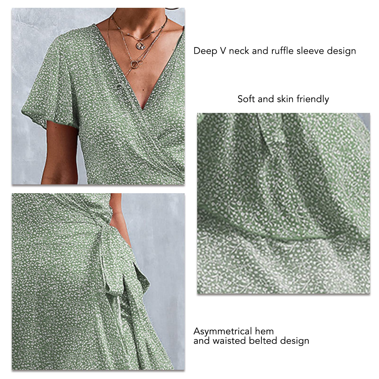 Cocoarm Robe de Femme Robe Cache-cœur à imprimé Floral Robe à col en V à Fleurs Robe Longue à Fleurs pour Femmes Robe Cache-cœur à Fleurs Robe de Plage élégante Robe D'été Ample(L-Vert)
