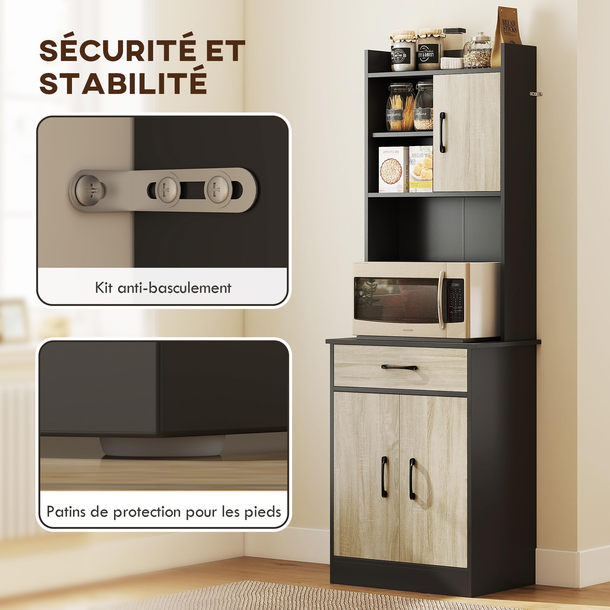 HOMCOM Buffet Haut Cuisine avec Tiroir 60x40x180 cm Effet Bois Naturel | Armoire de Cuisine, Vaisselier 3 Portes, Étagères Ouvertes, Plan de Travail, Meuble de Rangement, Salon, Salle à Manger