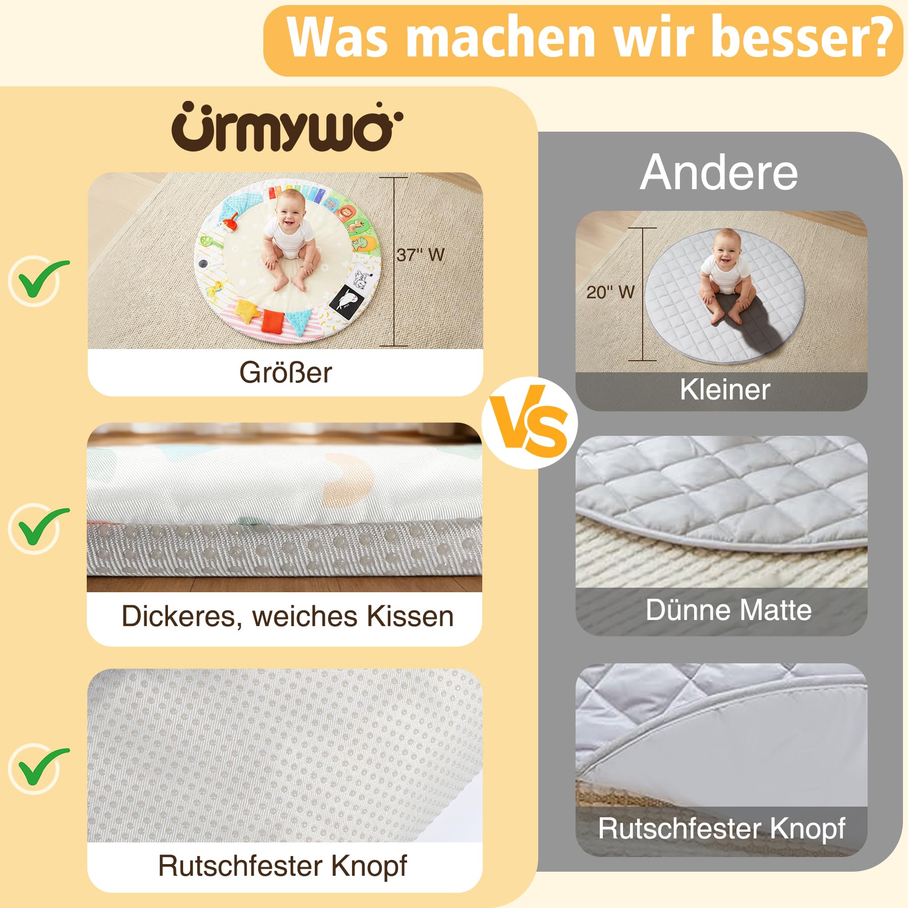URMYWO Spielbogen Baby– Baby Krabbeldecke mit 5 abnehmbaren Spielzeugen zum Greifen - 6 Entwicklungsregionen – Spieldecke für Babys und Kinder ab 0+ Monaten – Krabbelmatte als Geschenk zur Geburt
