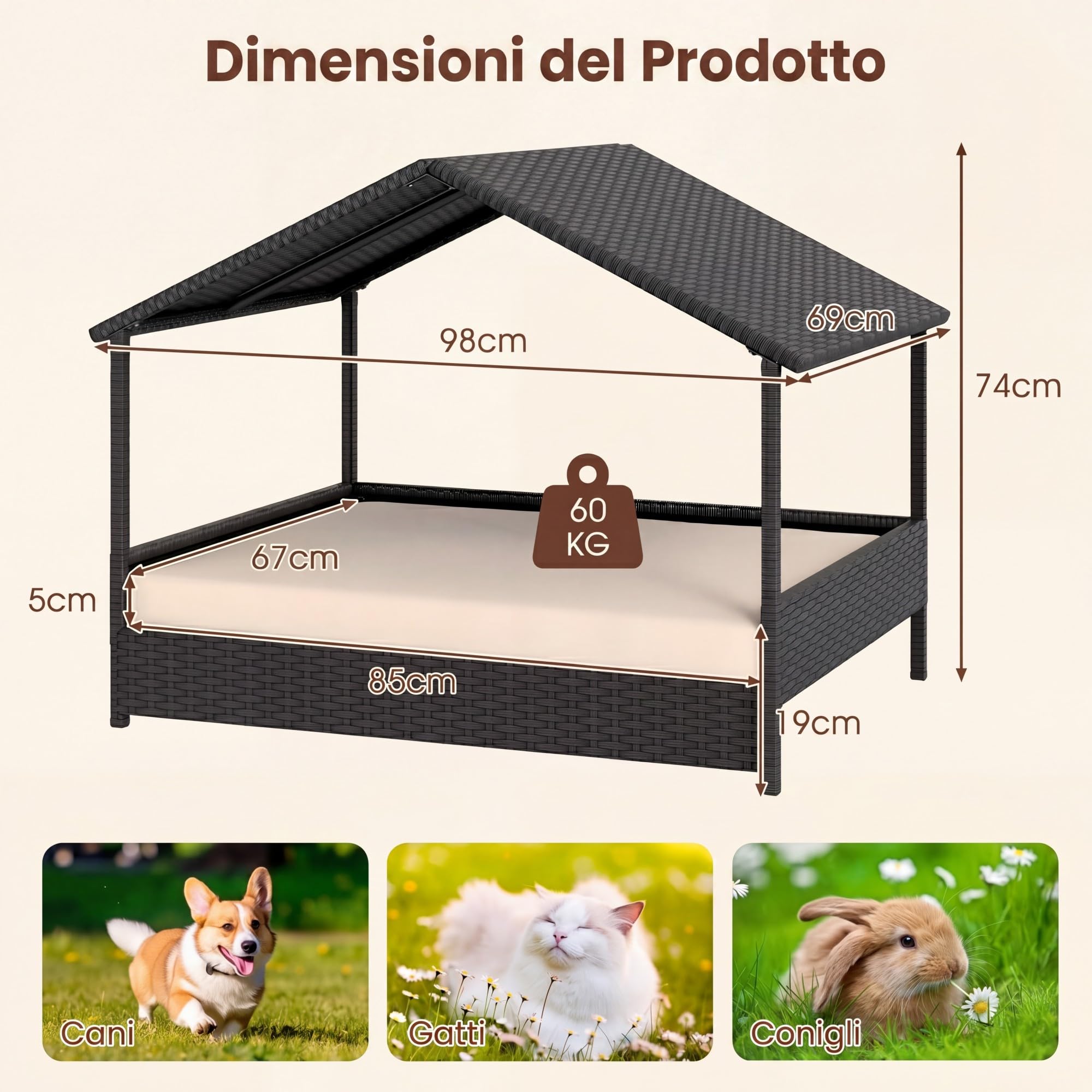 GYMAX Letto per Cane con Cuscino, Cuccia per Cane da Esterno in Rattan PE con Tetto a Spiovente e Base Rialzata, Ventilata & Impermeabile, per Esterno & Interno, 98 x 68 x 74 cm (Beige)