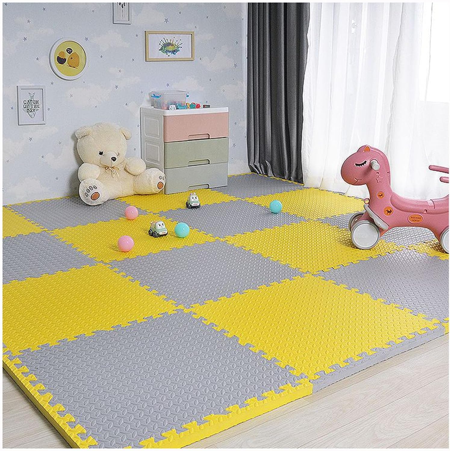 JvFbjLF 10 Pcs 30cm/60cm Foam Floor Tiles Square Interlocking Floor Mat DIY Puzzle Play Mat(Yellow+Gray,24x24inch)