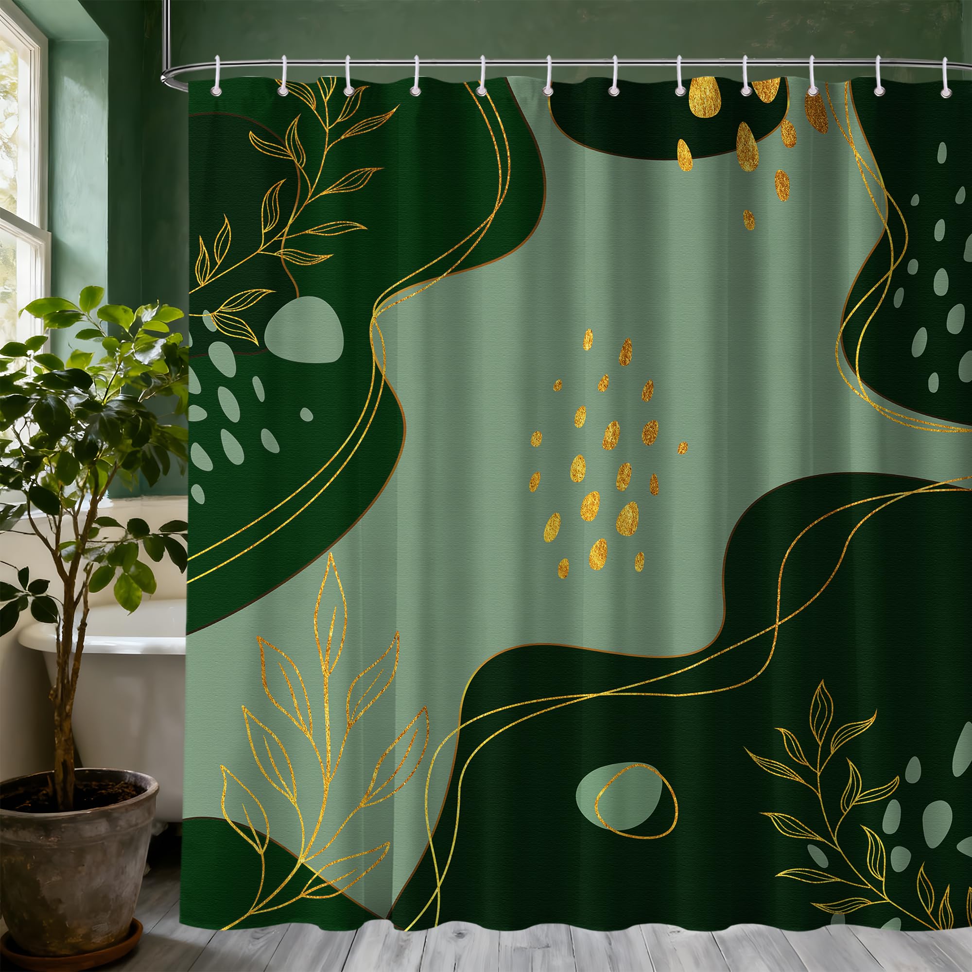 LanZanthic Dark Green and Gold Shower Curtains for Bathroom Olive Green Modern Wet Room Shower Curtain with hooks, Mould Proof Resistant, Waterproof, Washable, Fabric, 180 x 180 cm
