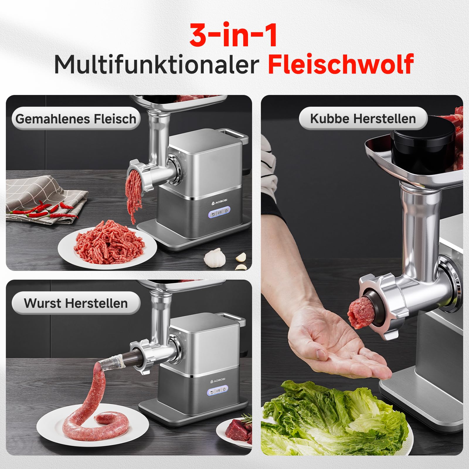 AAOBOSI Leiser Fleischwolf Elektrisch, 3000W Max Mit DC-Motor, Nur 60 dB, Auto-Rücklauf & Verstaubarem Stopfer-3 Geschwindigkeitsstufen, Zum Wolfen, Wurst-Und Kibbe-Herstellen, Für Den Hausgebrauch
