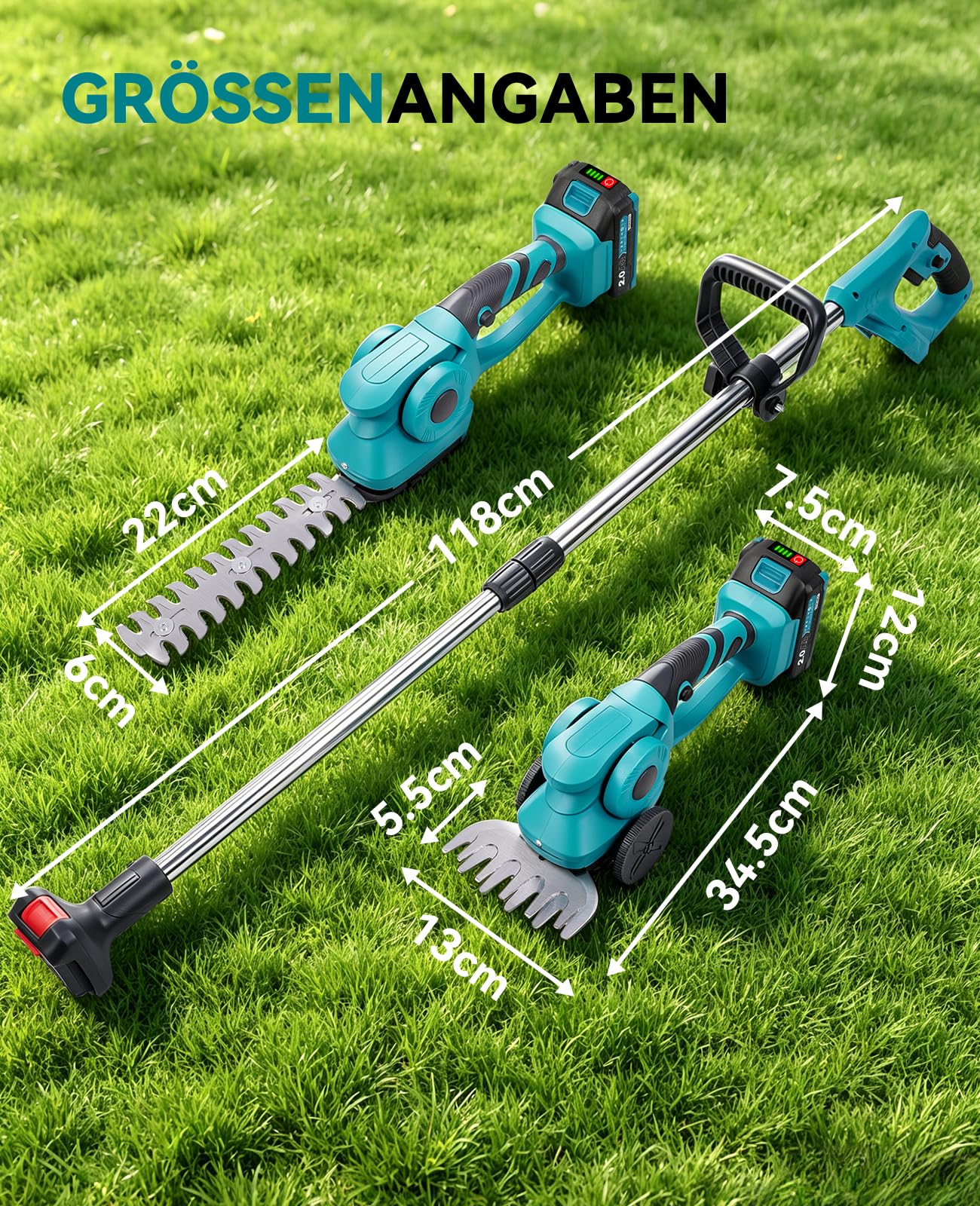 Yofidra 3-in-1 Rasenschere & Heckenschere Akku mit stiel, 2 2000mAh Akkus | Akku Grasschere mit stiel, Rädern, 13cm/22 cm SK5-Klinge, Rasenkanten trimmen, Sträucher schneiden, für klein. Garten