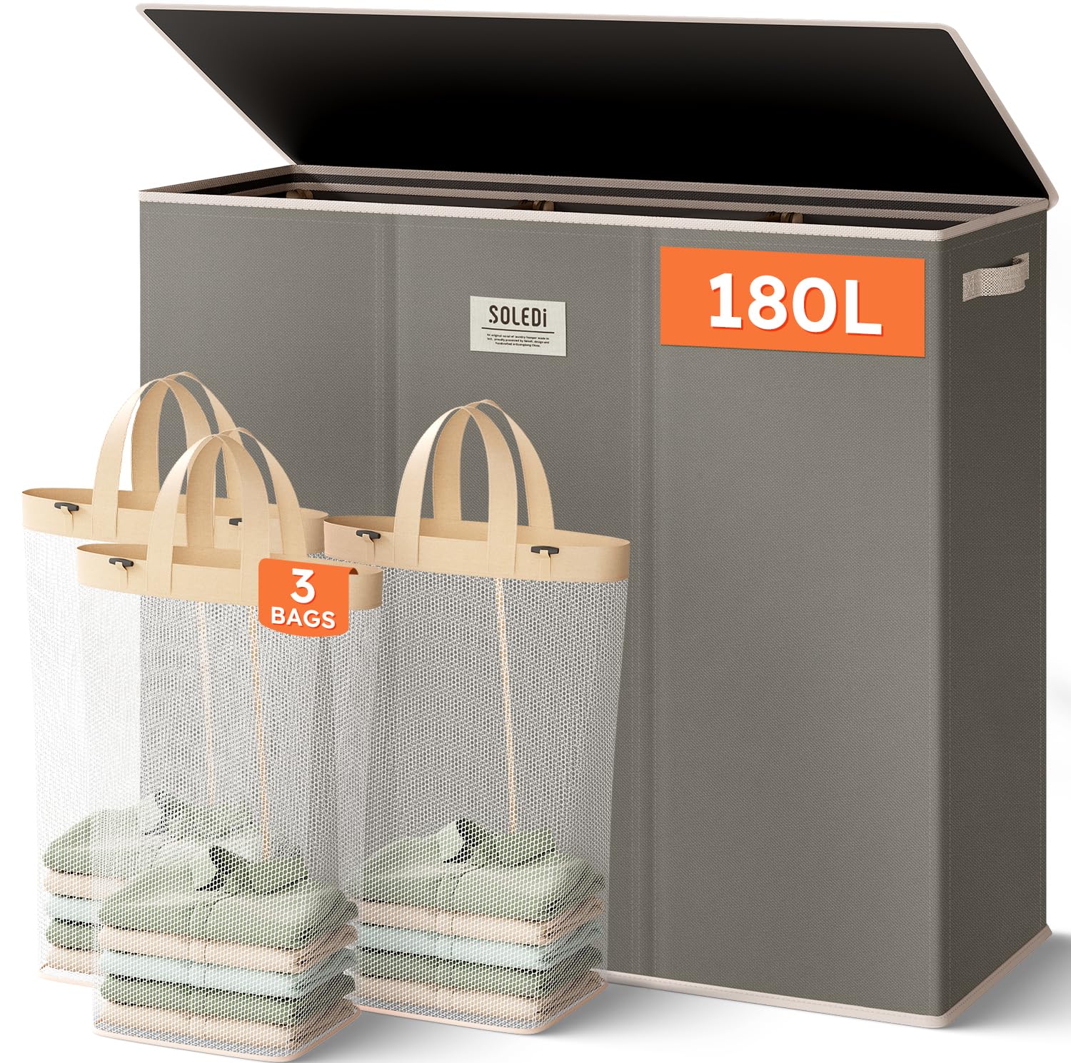 SOLEDI Laundry Basket 3 Compartments 180L Washing Basket with Lid, Collapsible Laundry Baskets