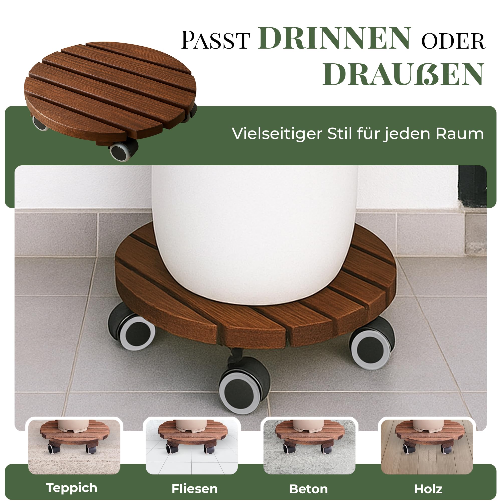 Pflanzenroller Outdoor Rund Ø 30 cm | 2er-Set Blumentopf Untersetzer mit Rollen aus FSC-Erlenholz, bis 100 kg, leise 360° Gummirollen mit Bremse, Rollbrett für Pflanzen Innen & Außen wetterfest