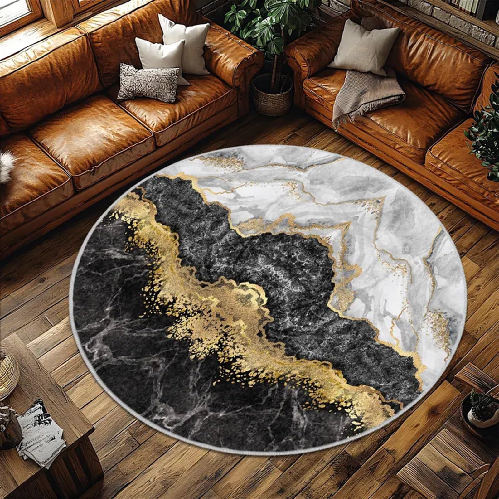 USHIRUG Marble Round Rug, 4ft Abstract Geometric Swirling Black, Gray and Gold Gilded Texture Rugs, Nordic Minimalist and Stylish Rugs, Machine Washable, Non-Shedding, Soft Flannel Thin Circle Carpet — image 1