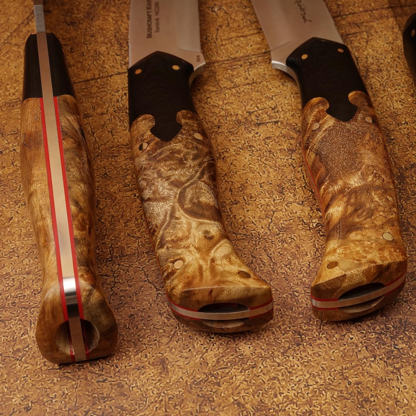 hand forged outdoor camping hunting knife with leather sheath and flint, Sandvik 14C28N steel blade, ergonomic white shadow wood handle