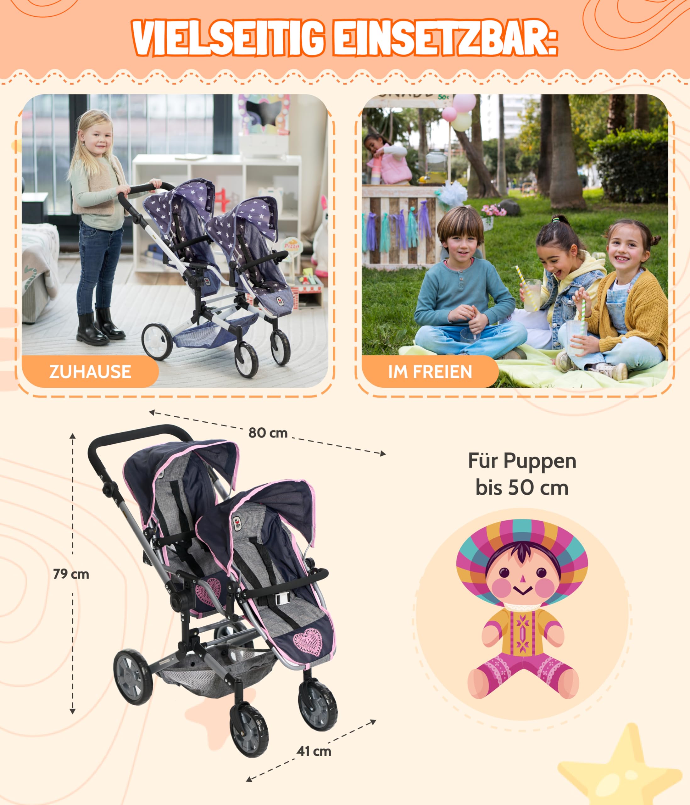 Bayer Chic 2000 Poussette de poupée Linus Duo, Poussette jumelle pour Enfants de 4 à 8 Ans, Jean Rose, 690-62
