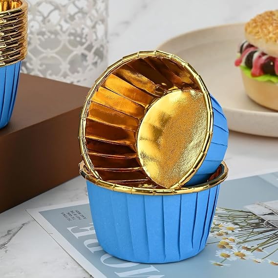 Dolphin 25 Muffin Mold - Cupcake molds, Waterproof and Oil Proof Baking Papers, Aluminum Foil Baking Cake Containers for Home or Party - Blue-Gold