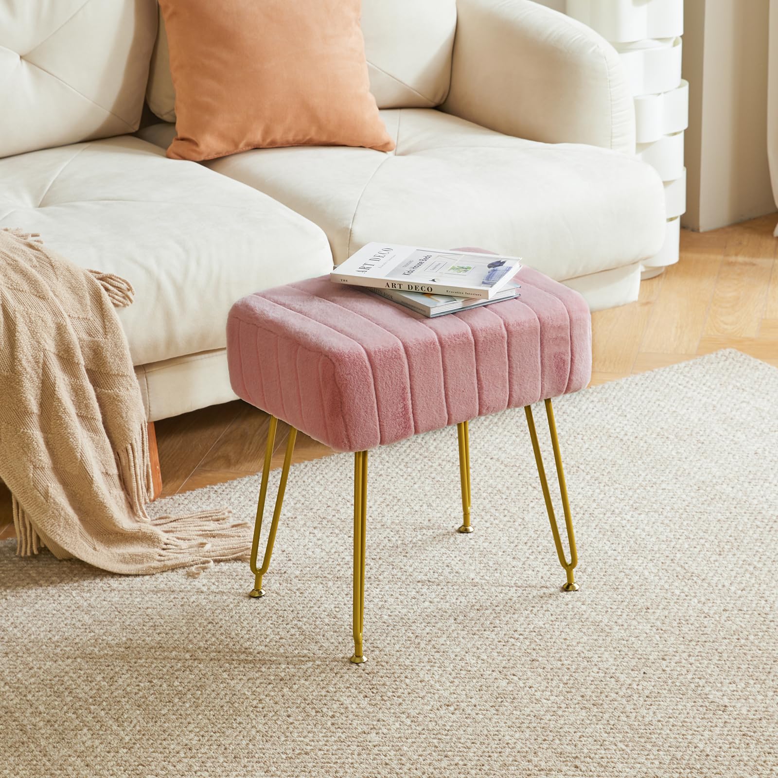 IBUYKE Make-up Vanity Hocker, Samt Rechteckstütze, Pink L/G-51P | Osmanische Seite Umkleidetisch Sitz Pouf Couch Stuhl Goldene Stahlbeine