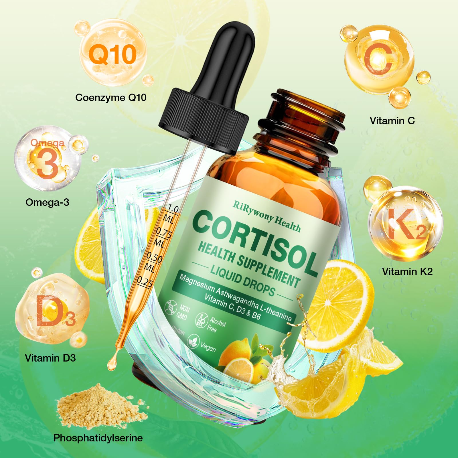 Cortisol Supplements for Women & Men - Cortisol Detox Reducer Magnesium Glycinate, Ashwagandha, L-Theanine, Phosphatidylserine - Hormone Balance for Calm Mood Focus Sleep (2 FL.OZ Lemon) — Amazon image 6
