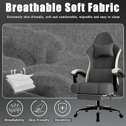 Miniatura 7 de Silla ergonómica para juegos con cojín de resorte con bolsillos, silla de computadora de tela transpirable con reposapiés, soporte lumbar ajustable