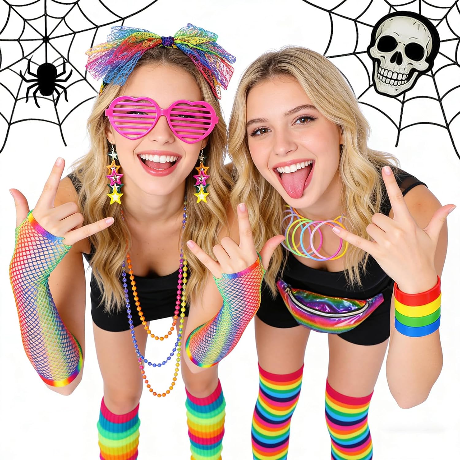 80s Costume Accessories Set Lace Headband Earrings Fishnet Gloves Necklace Bracelet Glasses The 80's Party Costume Set - Image 4