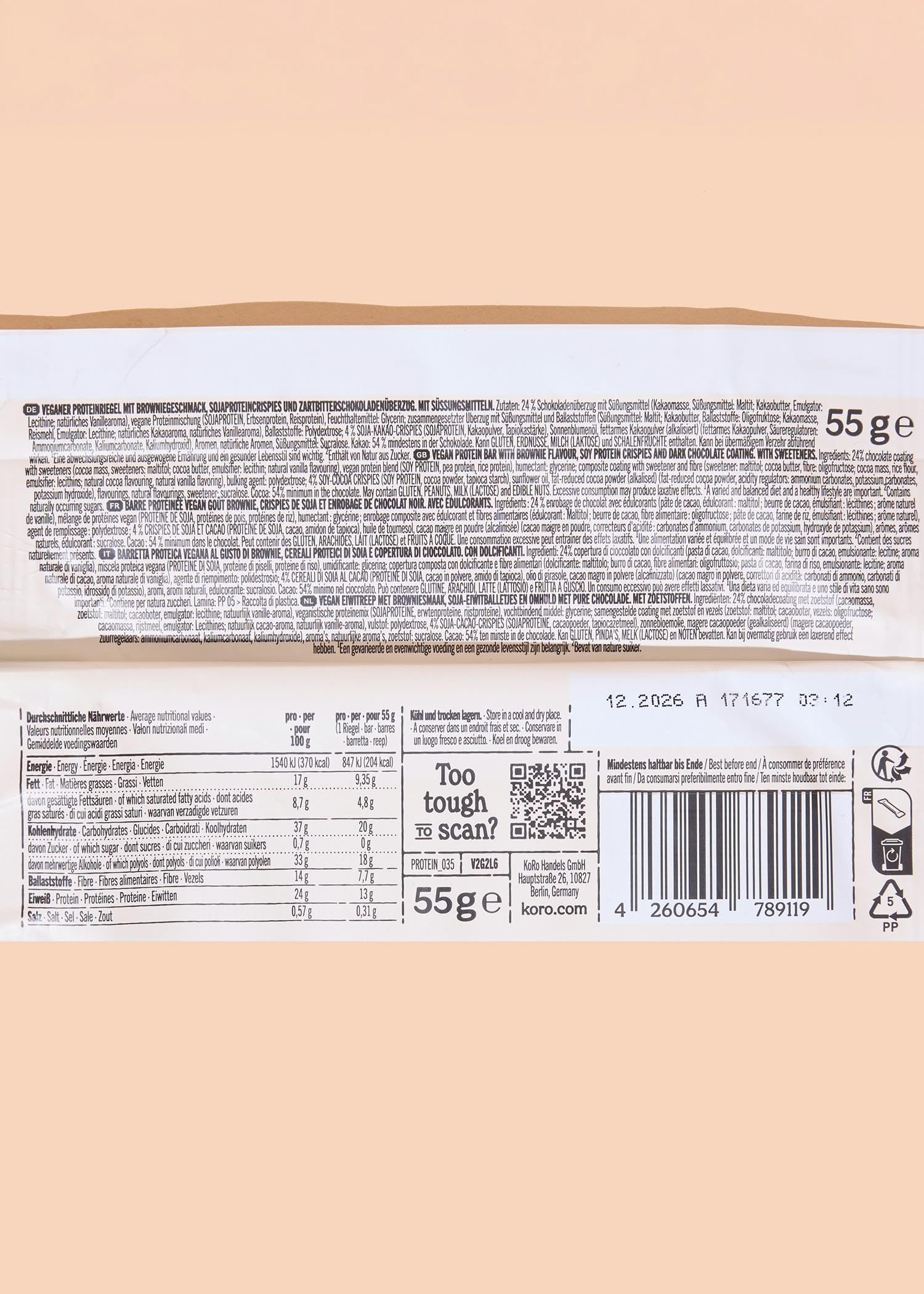 KoRo - Barretta proteica vegan chocolate brownie | 15 x 55 g