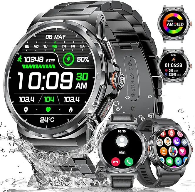 LIGE Militär Smartwatch Herren(3 Armbändern),1,43" HD AMOLED Smartwatch mit Telefonfunktion,Fitnessuhr,Schwarze Uhr mit 120+ Sportmodi,Herz-/Schlaftracking,IP68 wasserdicht sportuhr für iOS/Android