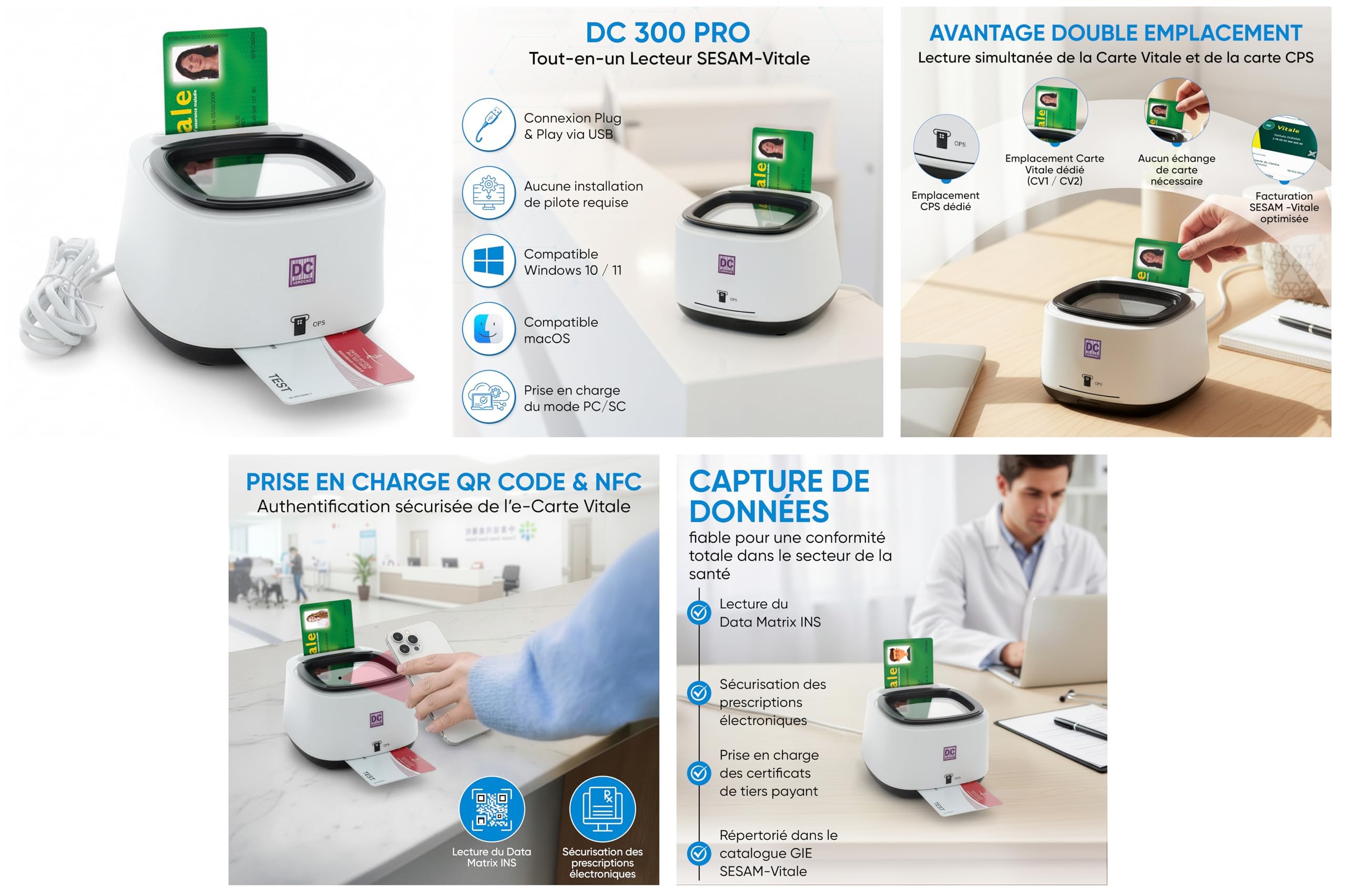 DC300 Pro Lecteur 4 en 1 QRCODE NFC 2 Fentes Carte Vitale et CPS Sesam Vitale USB Windows