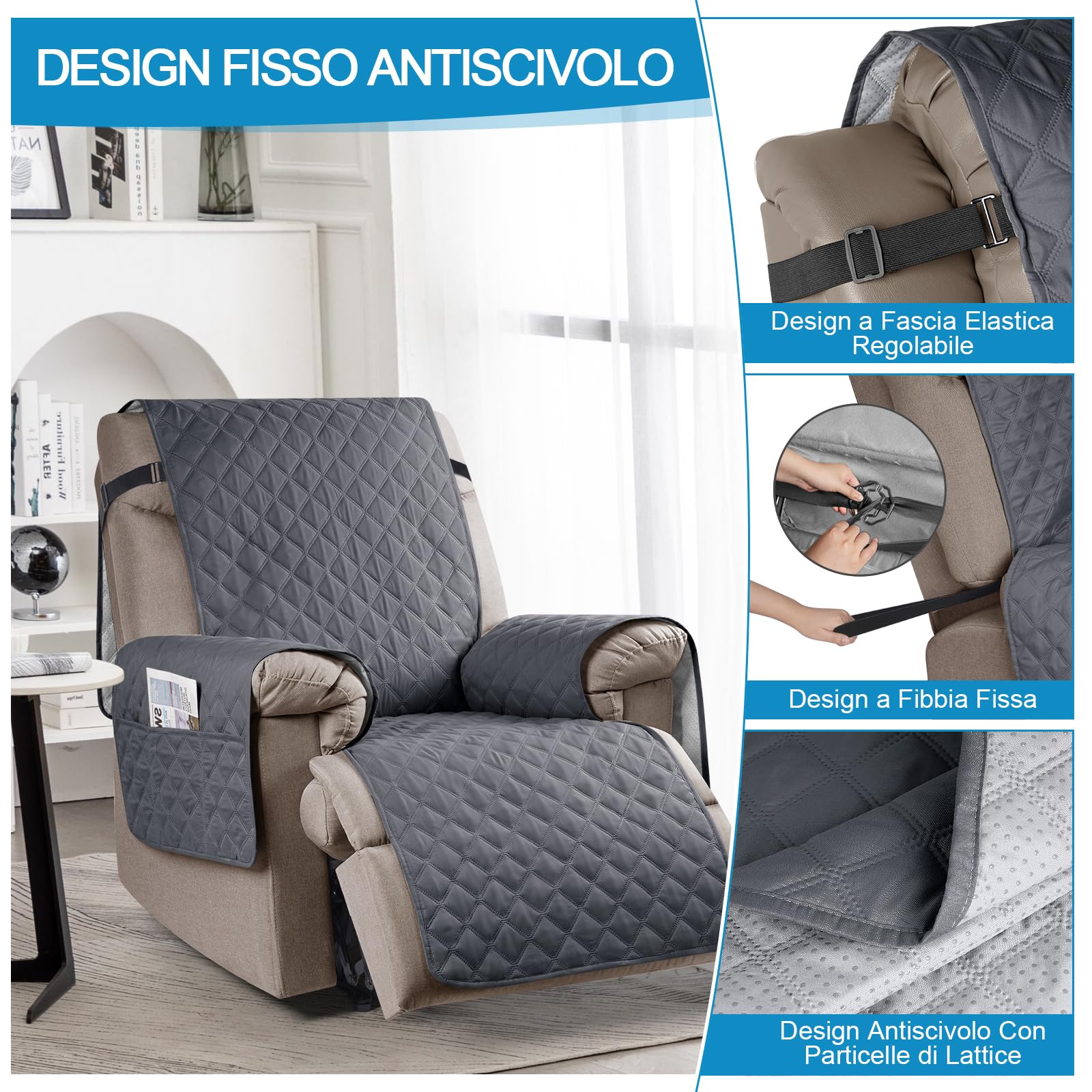 TAOCOCO Copripoltrona Relax Reclinabile, Copridivano Impermeabile per Poltrona Relax Reclinabile Elettrica Reversibile Copri Divano,Antiscivolo Antimacchia Antigraffio(Grigio Scuro)