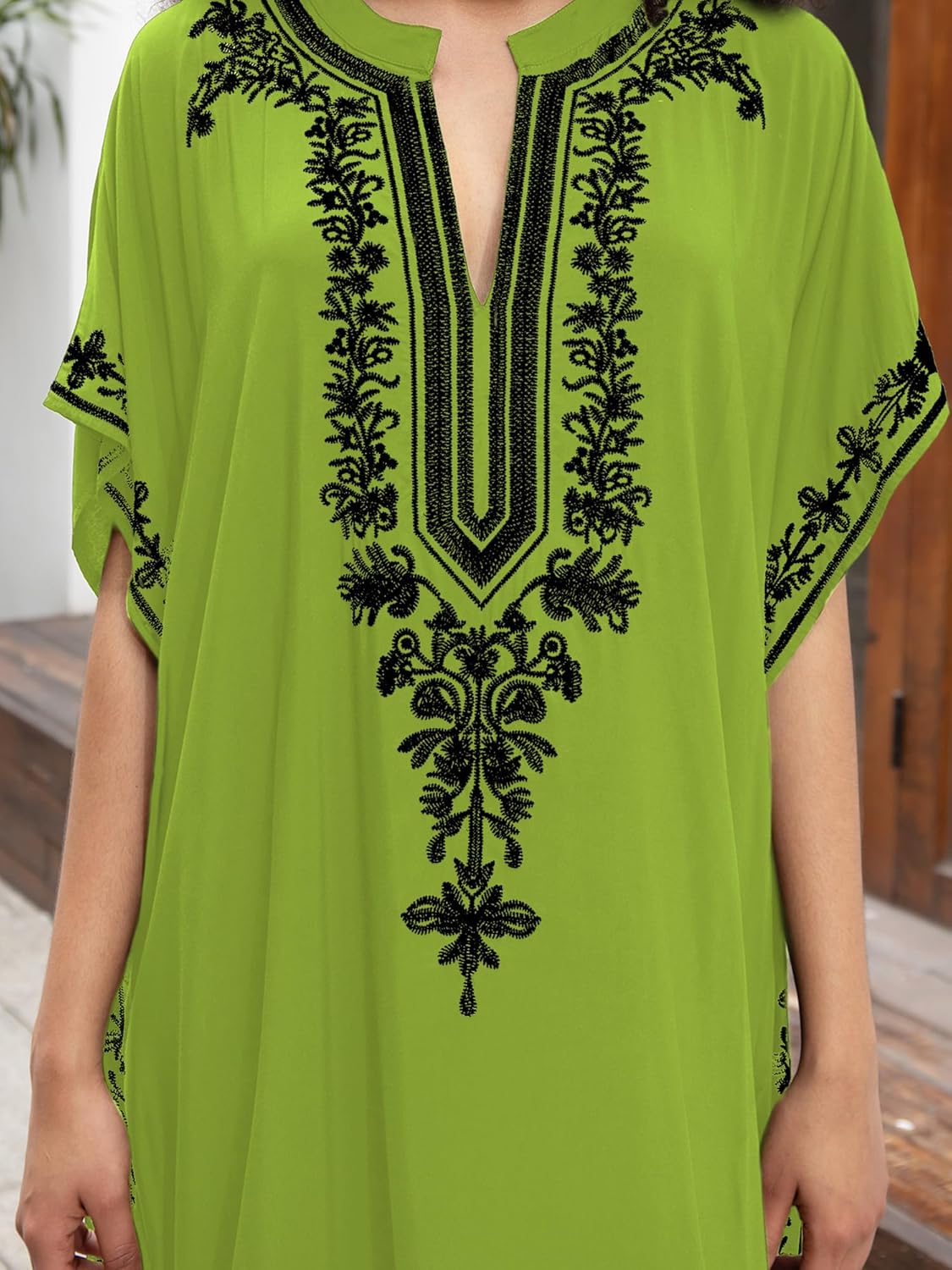 Women Embroidery Golden V Neck Arabic Dubai Kaftan Casual Beach Wear Cover Up Side Split Long Dress Green - Image 5