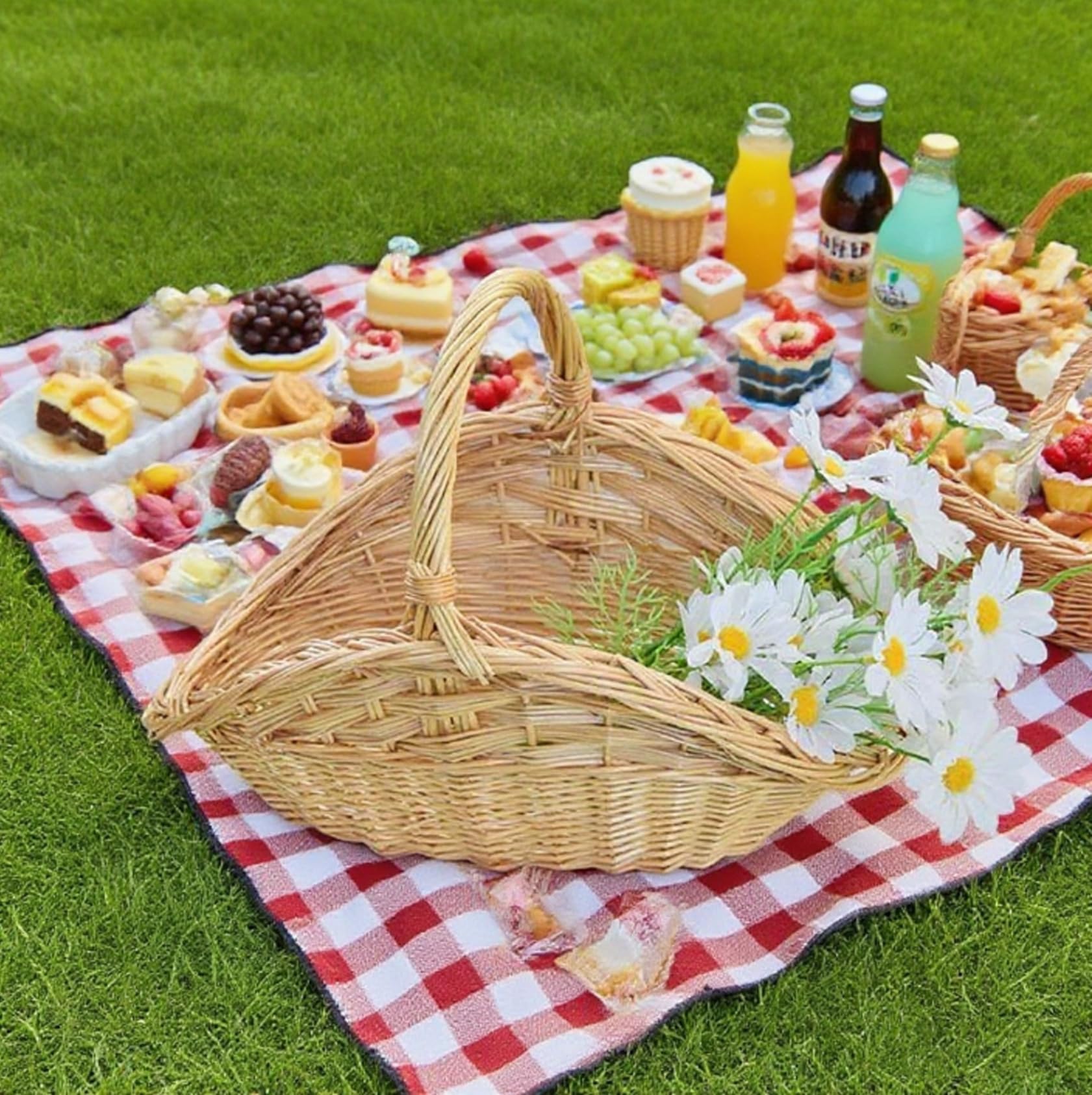 Cestino da giardino in rattan, cestino portaoggetti da picnic in vimini con manico, supporto portatile e robusto per frutta, verdura e attività all'aperto