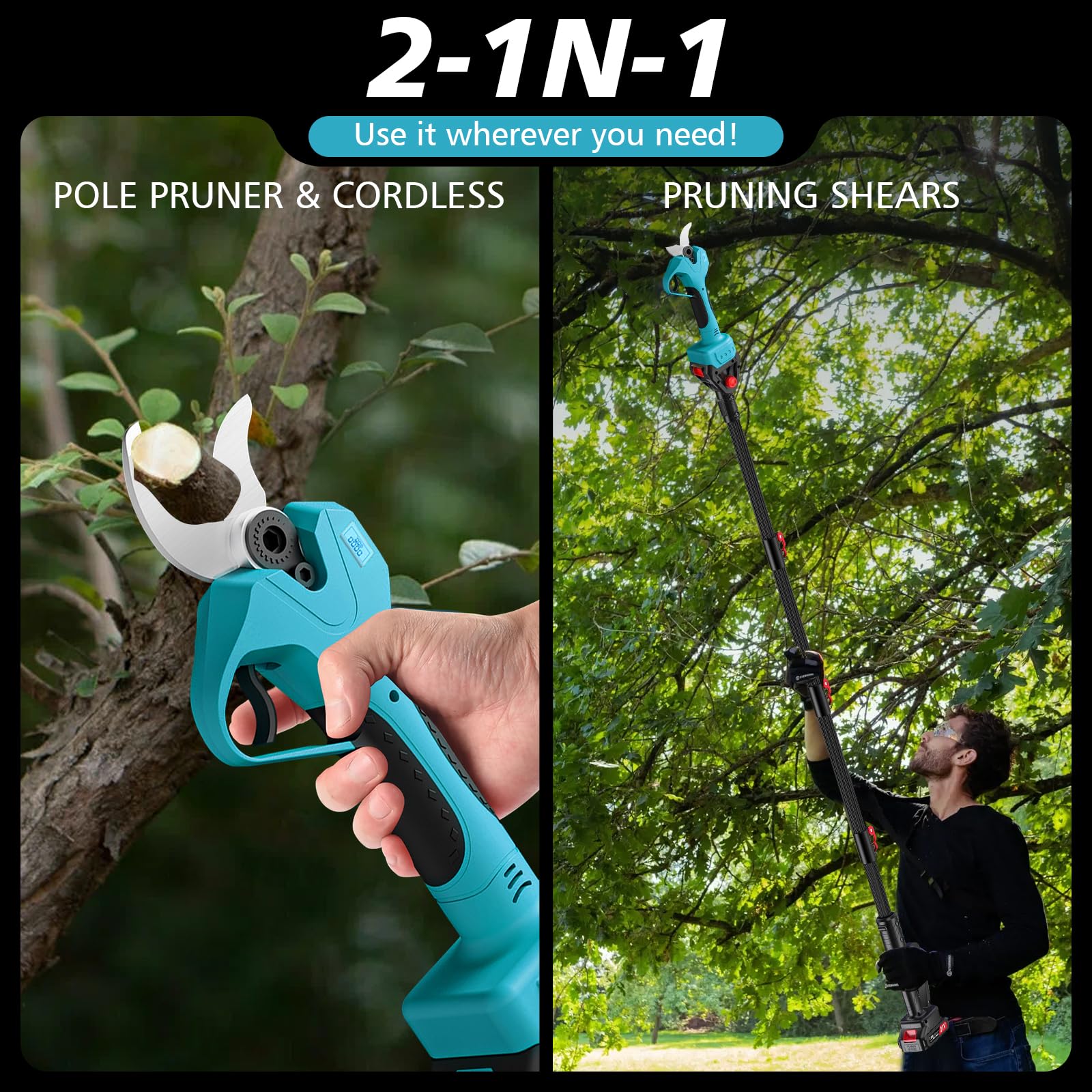 Tijera de podar eléctrica de 40MM, Tijeras de podar eléctricas Profesionales de con pértiga telescópica de 2.2 m Compatible con Makita 18V batería, Podadora Electrica/Pantalla LCD para Jardinería