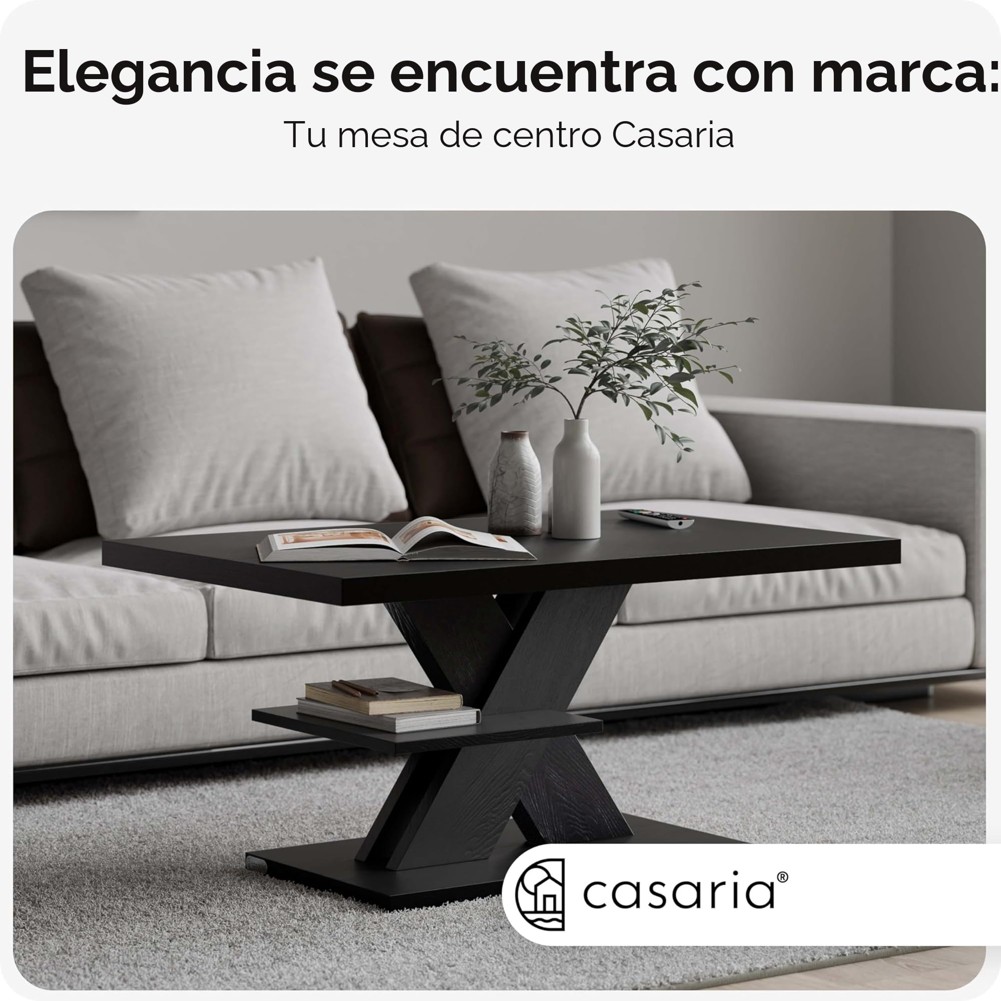 CASARIA® Mesa de Centro Repisa de Almacenaje Madera Resistente a Rasguños Mesa Auxiliar Rectangular Moderna Soporta 50kg Salón Sofá Detroit 90x60cm Negro