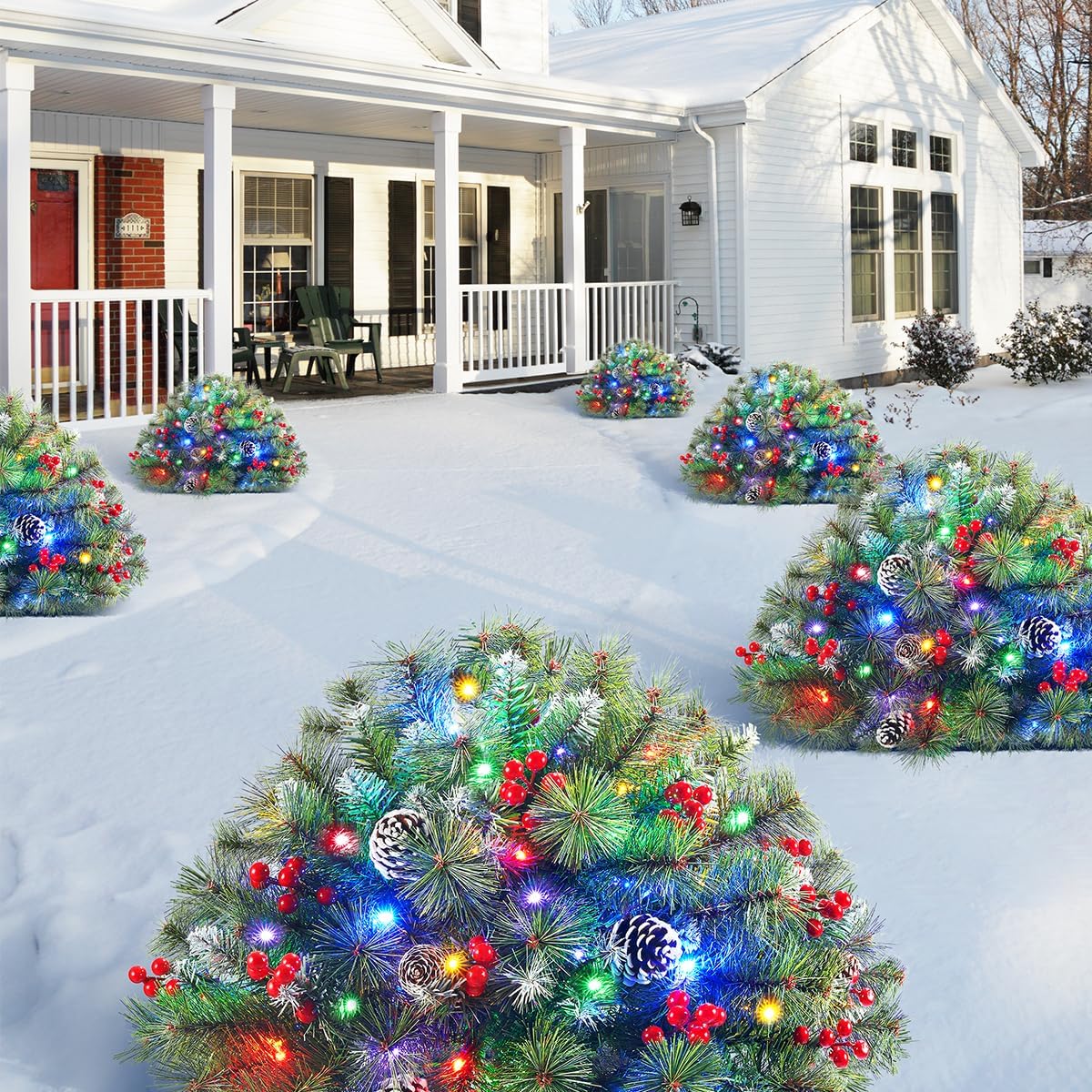 Outdoor Christmas Tree Frosted Urn Filler 2 Set, Prelit Artificial Flocked Xmas Tree with Cones & Red Berries for Porch Yard, Small Christmas Tree with 50 Warm & Colorful Lights (Silver)