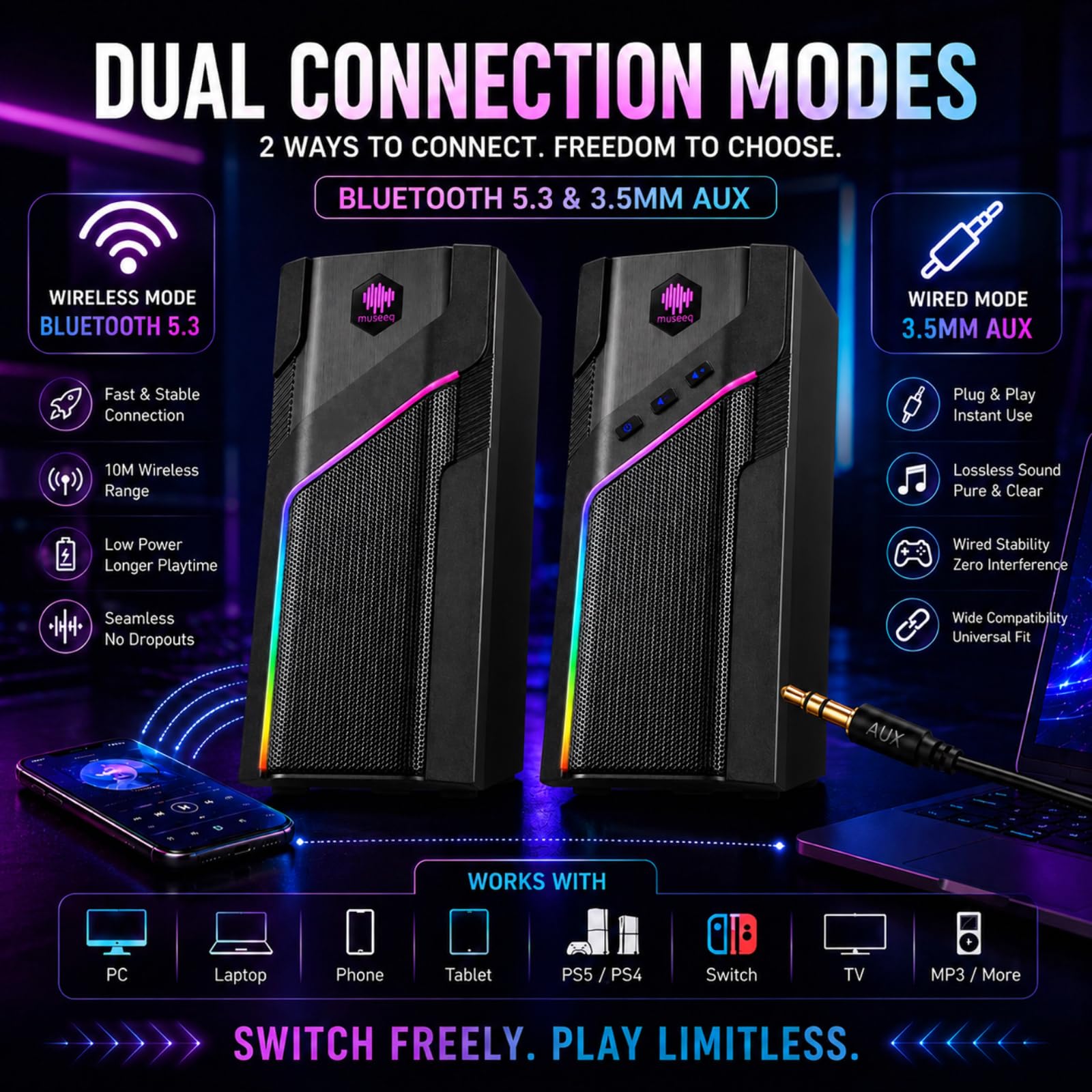 Altoparlanti Bluetooth RGB da scrivania, altoparlanti stereo per computer a 2.0 canali con 21 modalità di luce LED, suono dei bassi migliorato, alimentazione USB con AUX da 3,5 mm per giochi