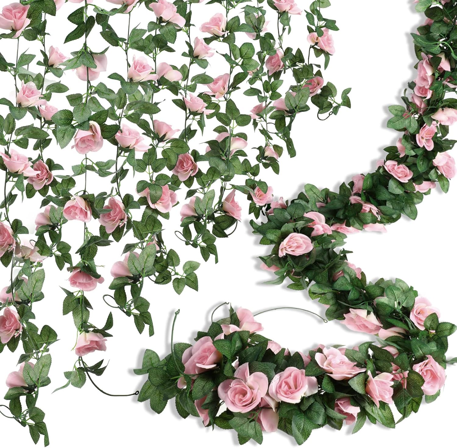 Hoteam 12 Pcs (90 Ft) Pink Fake Rose Vine Garlands for