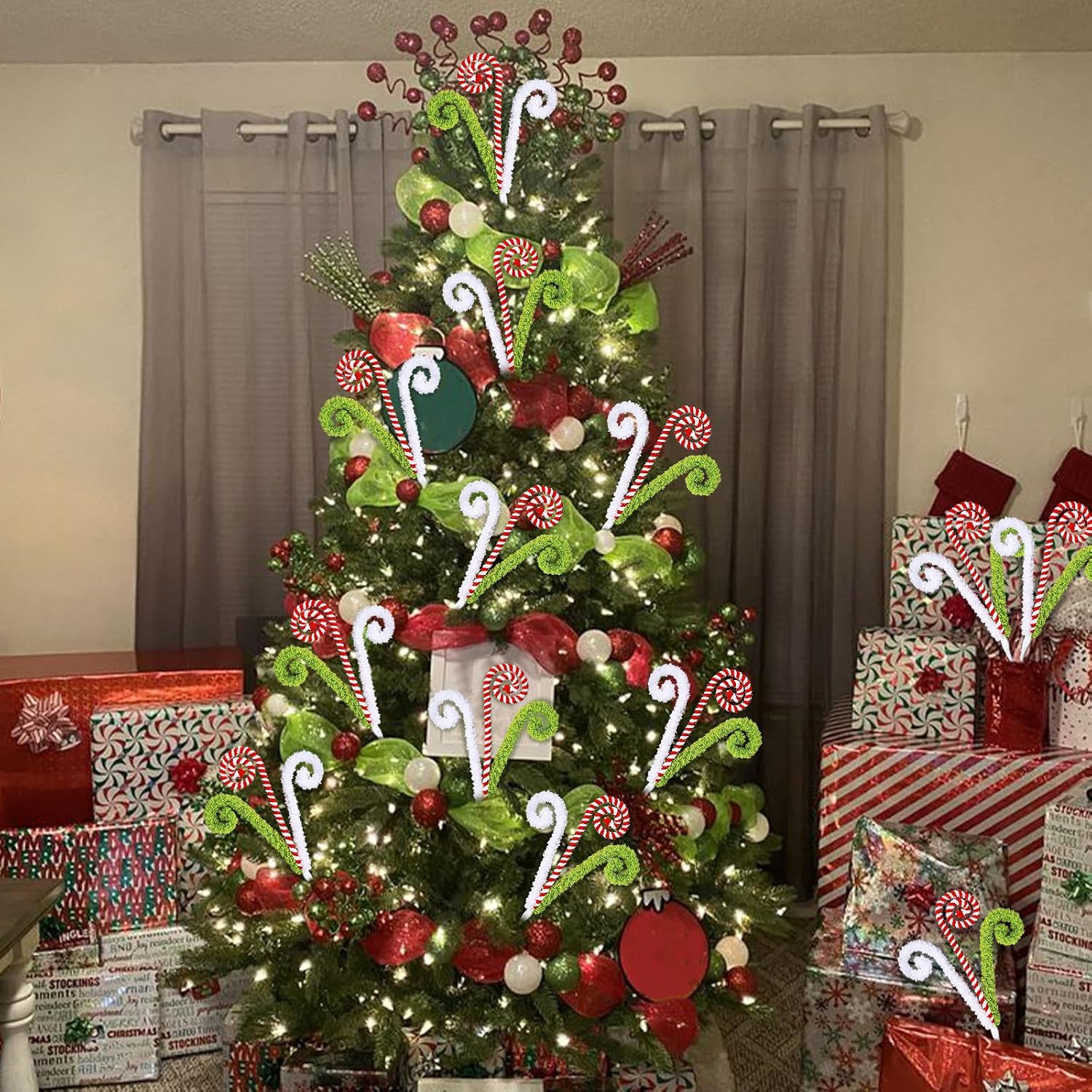 RINOLY 6 Pcs Christmas Tree Topper,16 in Red Green White Candy Cane Christmas Tree Decorations,Woolen Curly Christmas Tree Picks Ornaments for Holiday Decorations Vase Filler Garland (Green) - Image 2