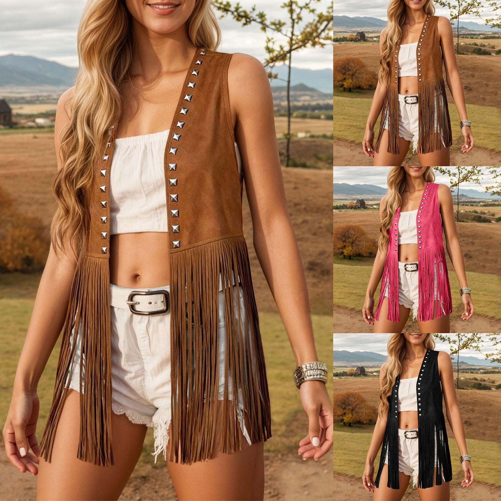 Gilet Femme Cowboy À Franges, Veste Sans Manches Aspect Cuir Synthétique, Tenue Western Cowgirl Élégante Costume Cosplay Hippie Chic, Cardigan Gilet Sans Manches, Déguisement Cowgirl