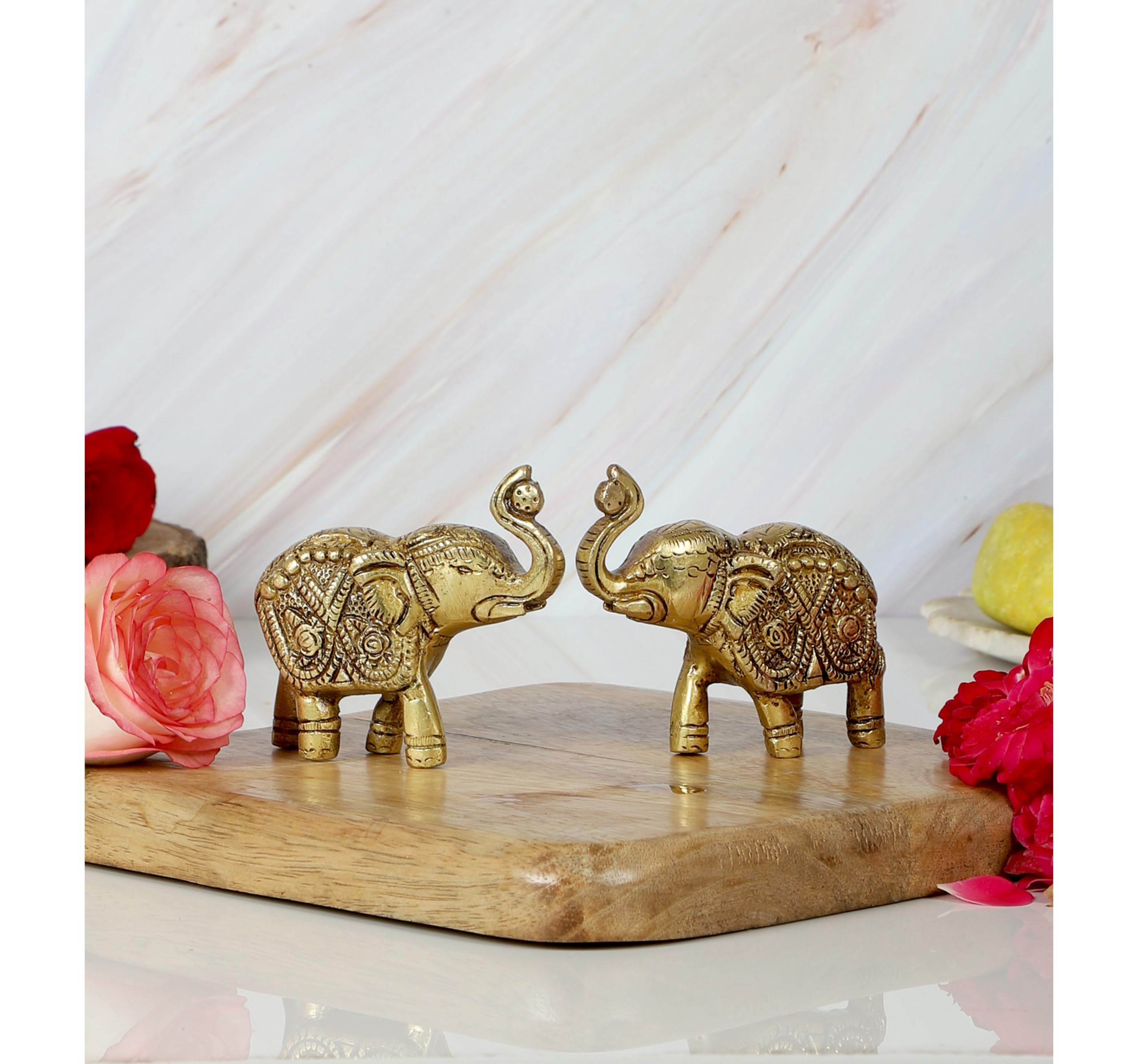 Two Moustaches Handmade Ethnic Indian Brass Elephant Pair Decor Showpiece, Standard, Golden, 2 Units