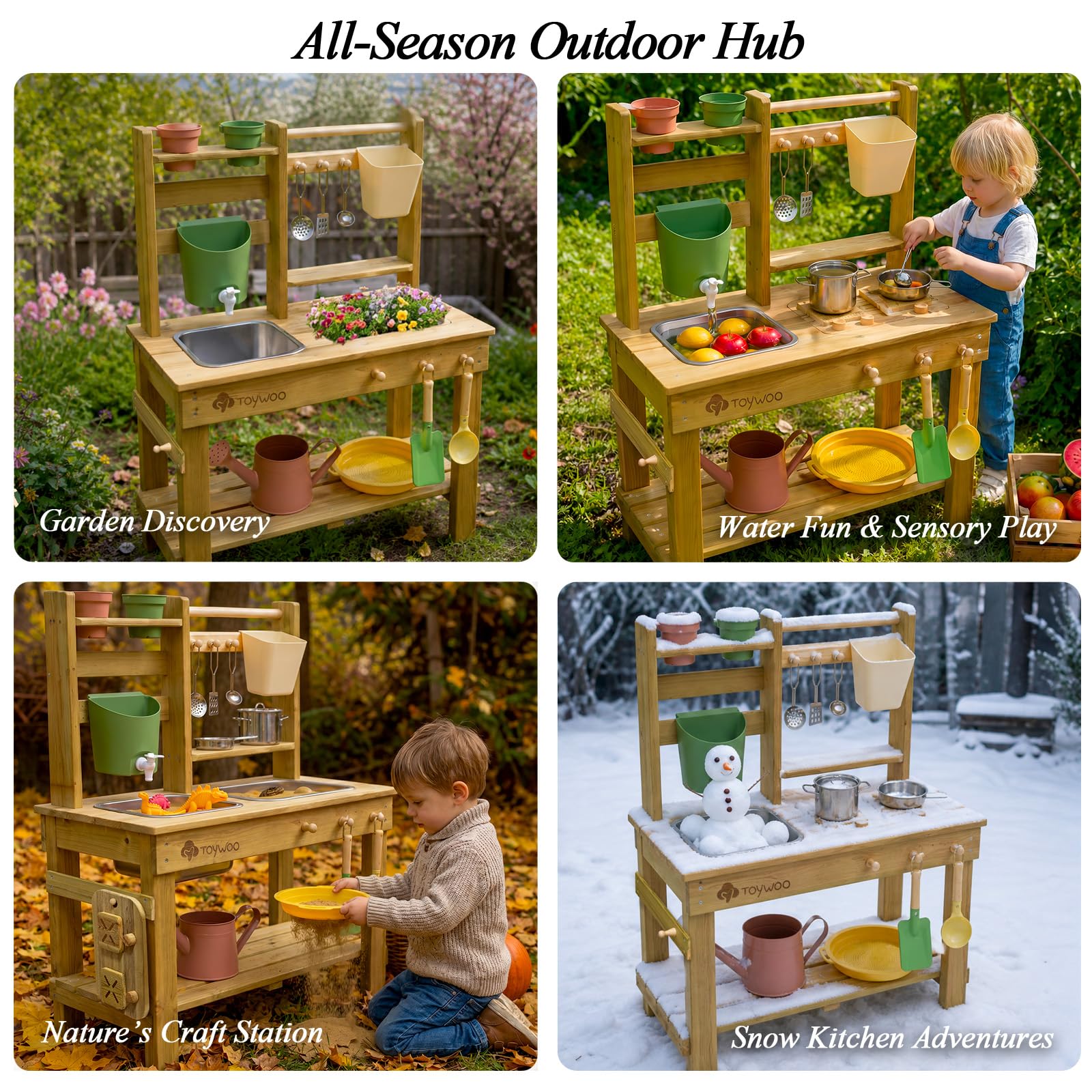 TOYWOO Cuisine de boue pour enfants en extérieur, table à boue 3-en-1 avec réservoir d'eau et évier, cuisine de jardin en bois finlandais pour garçons et filles à partir de 3 ans