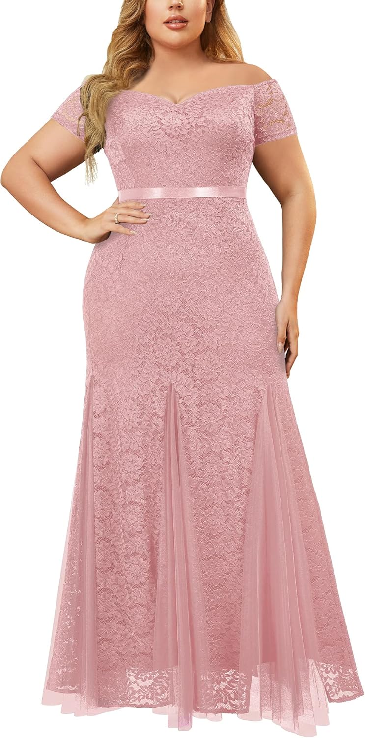 Miusol Women's Plus Size Formal Off Shoulder Vintage Floral Lace Mermaid Maxi Evening Party Dress