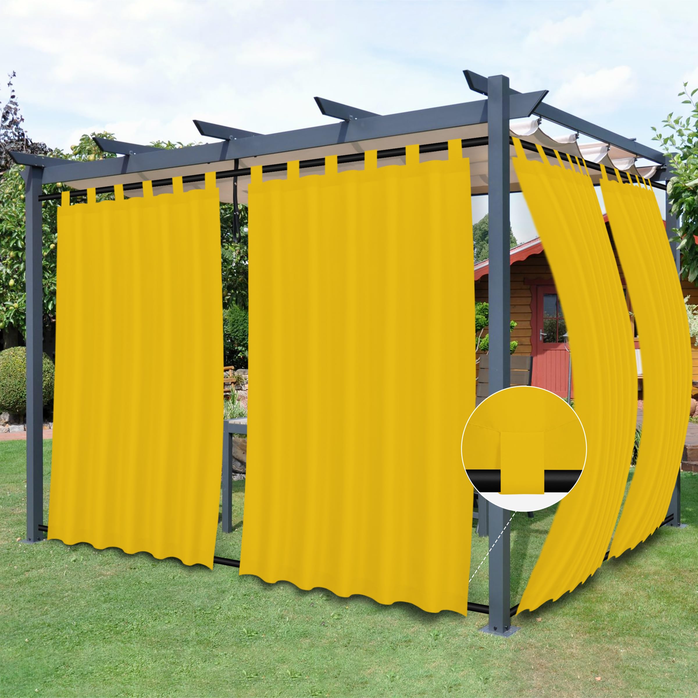 Easy-Going Outdoor Patio Curtains Detachable Tab Top Windproof Weatherproof Curtain for Cabana, Porch, Pergola and Gazebo, Tab Bottom Drape, 2 Panels,