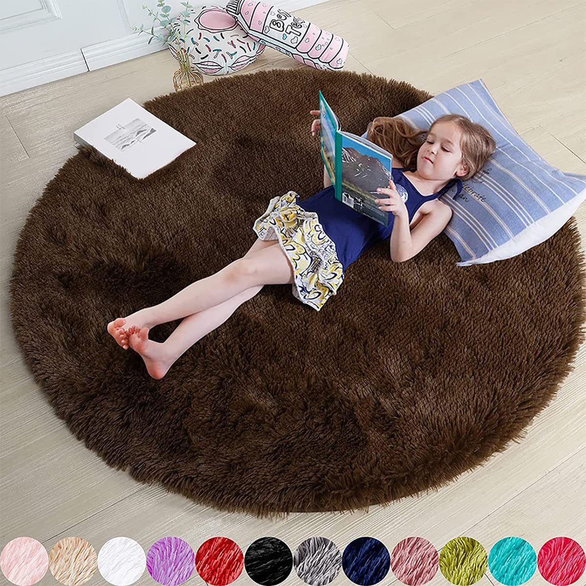 Brown Round Rugs for Bedroom, 5x5 Feet Cute Fluffy Plush Shaggy Carpet Boys Girls Kids Indoor Living Nursery Room Decor Circle Floor