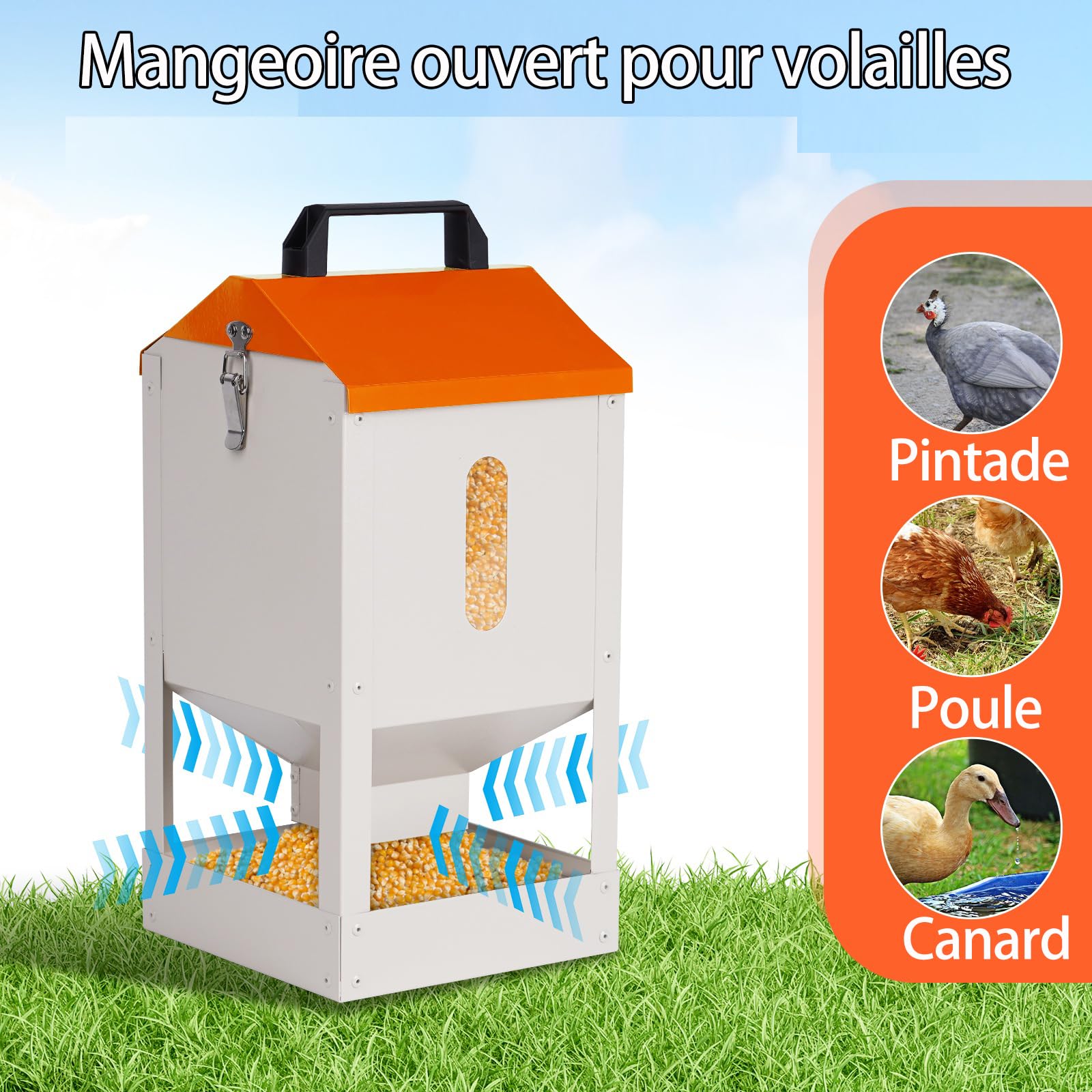 8KG Mangeoire Pour Poules Metal, Distributeur Automatique Graines Poules, Avec Couvercle Et Poignée, Distributeur D’Aliments Pour Volaille Pour Poulets, Canards, Oiseaux
