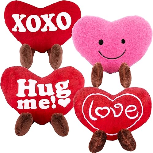 ArtCreativity Juego de 4 pequeños corazones de peluche de San Valentín, lindos juguetes de peluche de corazón de amor en varios diseños, juego de