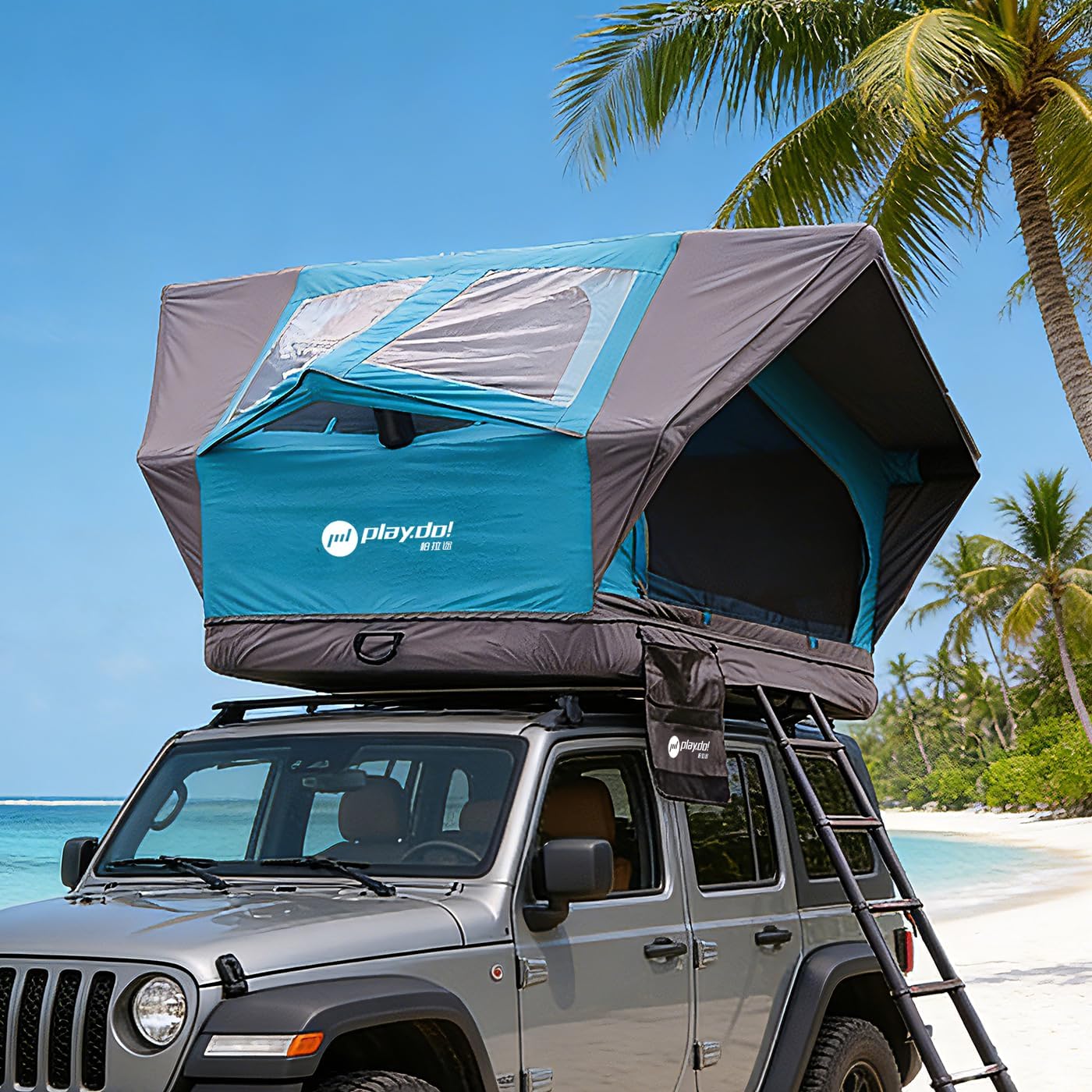 PlayDo Inflatable Rooftop Tent Easy Set Up Pop Up Roof Tent Air Extra Wide Large for 3 Person Family Camping Waterproof Cotton Tents for Truck Car SUV with Light, Skylight