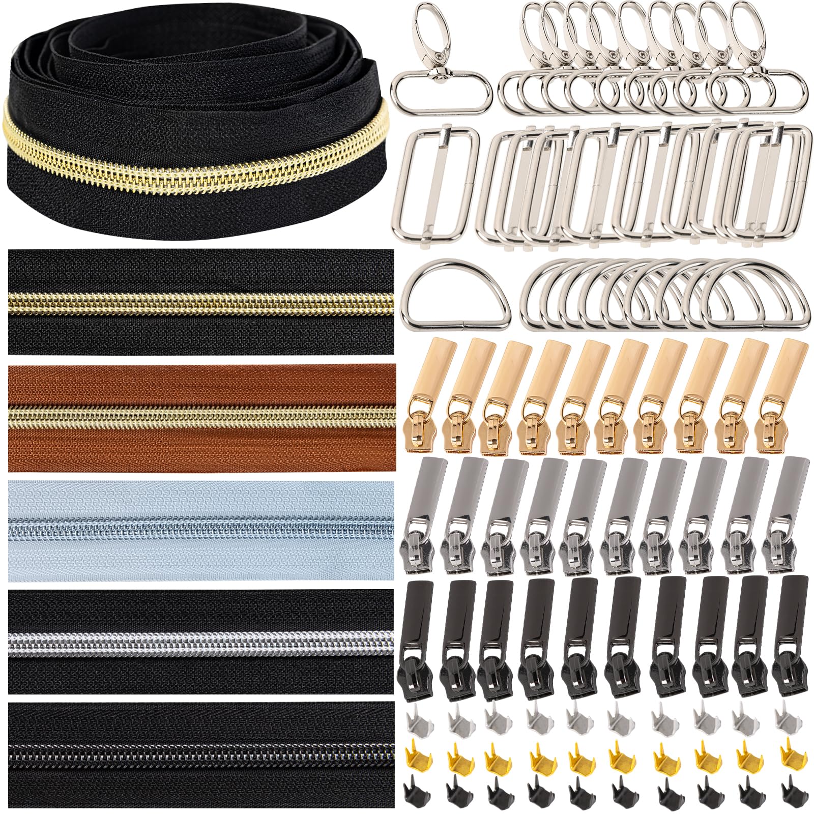 VOKABY 10 M Cerniere in Nylon per Cucito a Metro,5 Colori,2 M Ciascuno, Cerniera Lampo Lunga con 90 Pezzi di Accessori