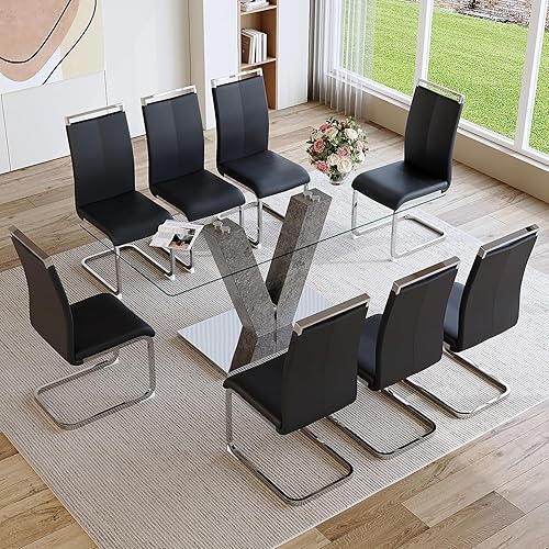 gopop Juego de mesa de comedor de cristal para 8, moderno juego de mesa de comedor, mesa rectangular de vidrio transparente y base de MDF, mesa de