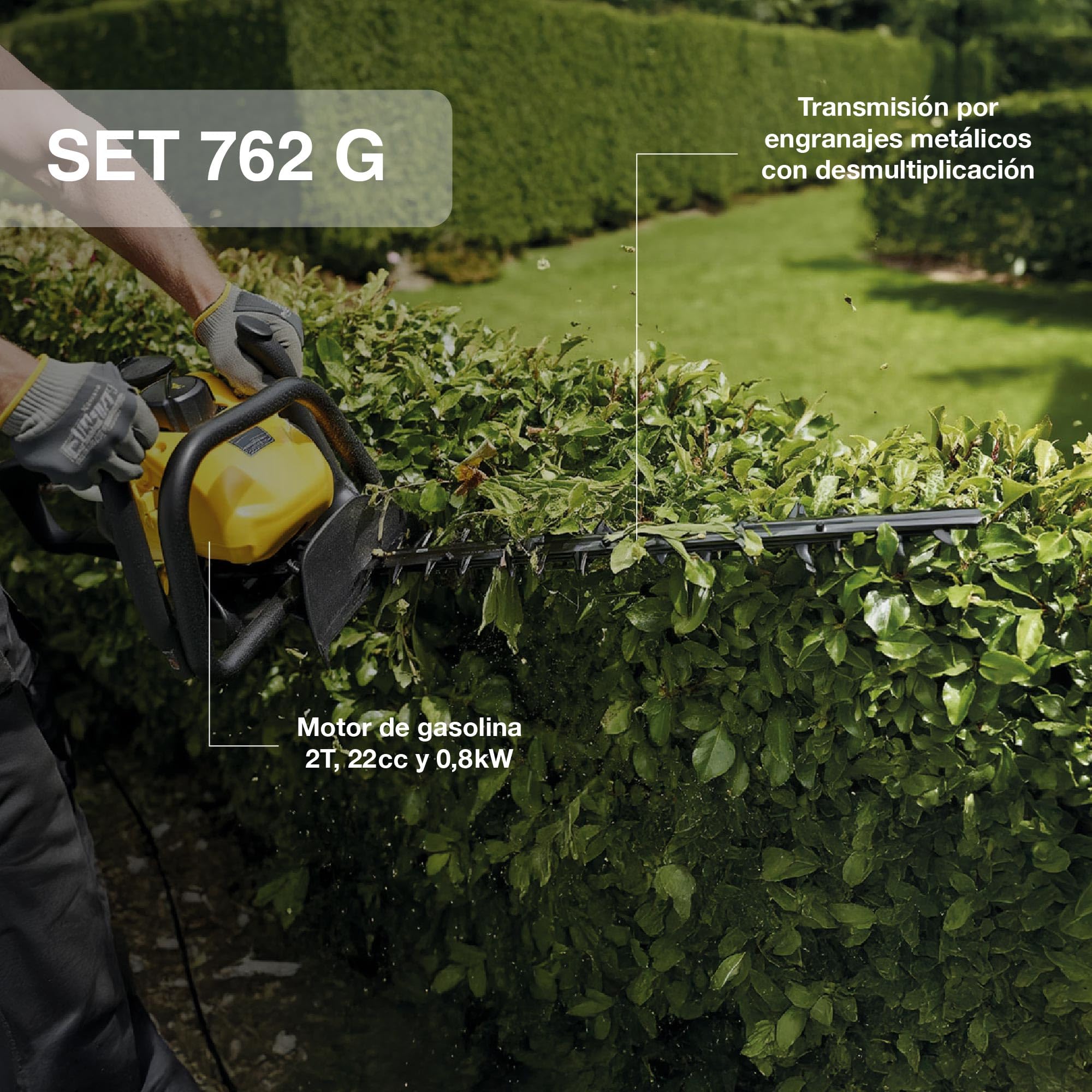 GARLAND Set 762 G-V24 – Cortasetos Gasolina 2T, 25,4 CC, 70 cm de Corte, 28 mm Entre Dientes, Cuchilla láser Triple Filo, asa giratoria 180º, Sistema antivibración, depósito translúcido