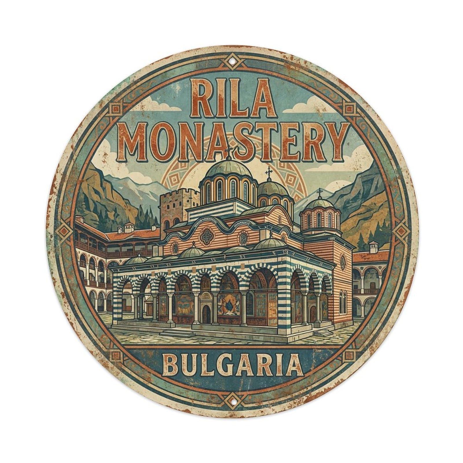 Bulgaria Retro Travel Rila Monastery Vintage Metal Tin Sign Plaque Wall Decor for Cafe, Club Bar, Office, Garden Metal Poster 8x8Inch