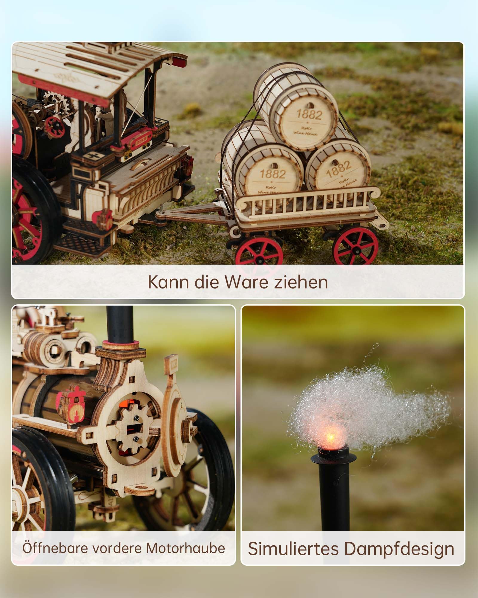 ROKR Holzmodelle bausätze Erwachsene 3D Puzzle Holz Zug, Automodellbausätze Mechanisch, Dampflokomotive Holzpuzzle, Steam Engine, LKA01