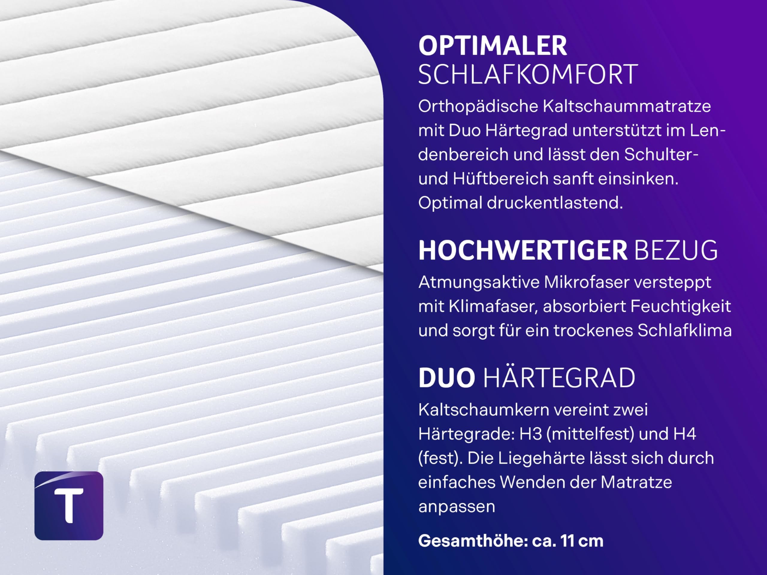 Traumnacht Easy Comfort 2 in 1 Duo materasso ortopedico schiuma comfort 7 zone, H3/H4, 90x200 cm, 11 cm, Oeko-Tex