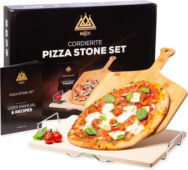 BKC Large Rectangle Pizza Stone Set, Baking Stone with Wooden Pizza Peel, Server Rack, Recipe Book. Oven or BBQ. Make Italian Stone Baked Pizza Bases, Cook Bread & Calzone. Perfect Gift