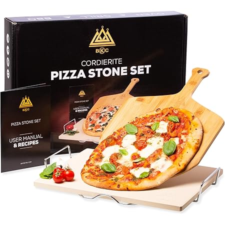BKC Pizza Stone Set for Oven or BBQ | Large Rectangle Baking Stone with Wooden Pizza Peel | Server Rack | Recipe Book | Make Italian Pizza Bases, Cook Bread, Calzone Using Plate | Xmas Gift