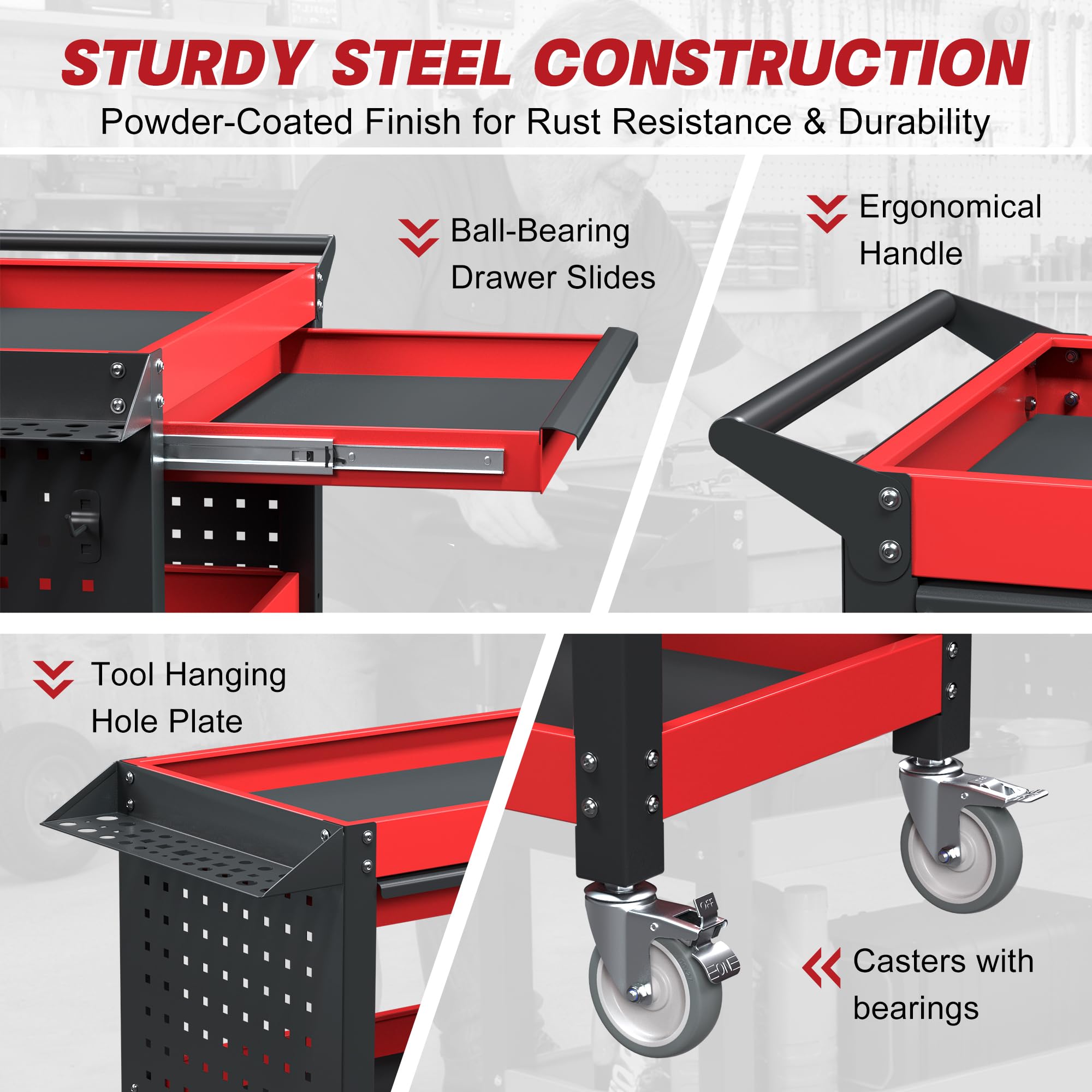 Heavy Duty Rolling Tool Cart - 3 Tier Storage -5