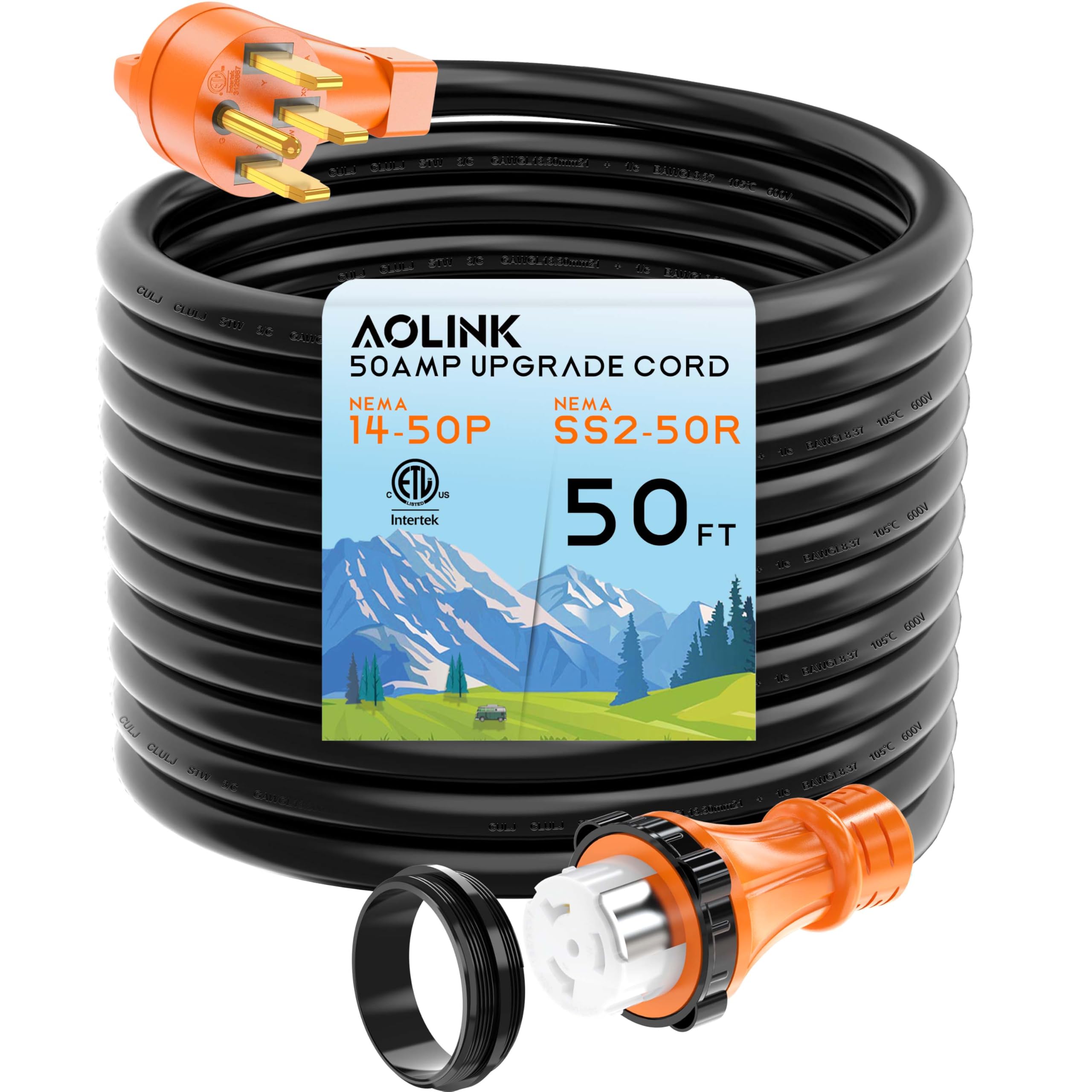 50 Amp RV/Generator Cord 50 Feet, Heavy Duty STW Wire, NEMA 14-50P to SS2-50R Twist Locking for RV Camper and Generator to House
