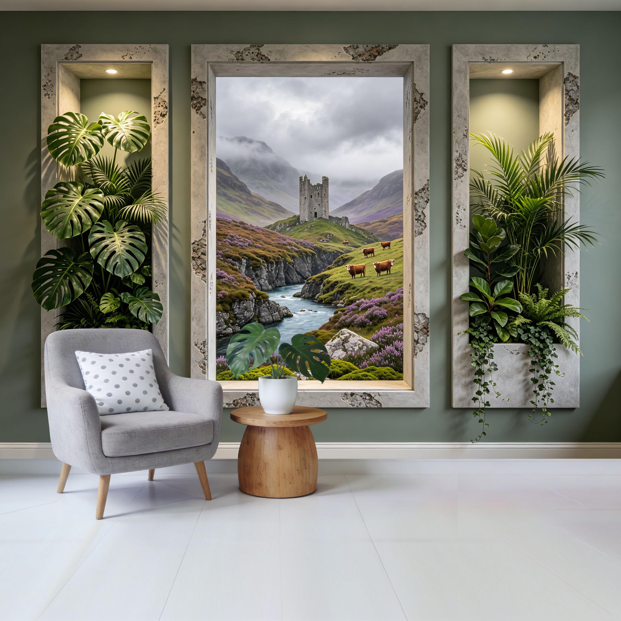 Removable Self Adhesive Fabric Mural， Highland Castle Landscape Mountain River Custom Size Wall Covering， UV Protected Waterproof Washable Wall Decor for Living Room Bedroom Bathroom